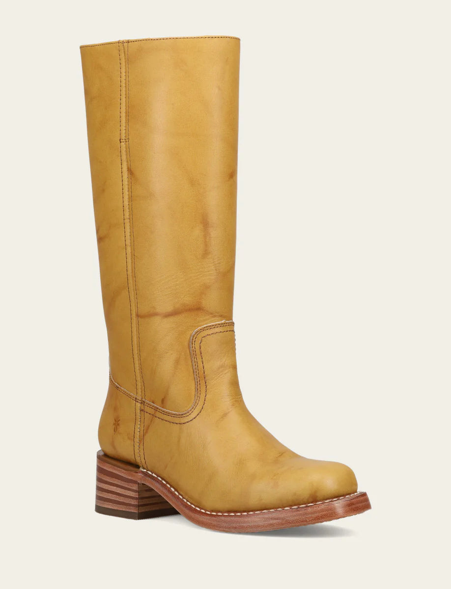 Frye CAMPUS 14L Leather Boot in Banana featuring smooth caramel leather and stacked wooden heel for timeless style.