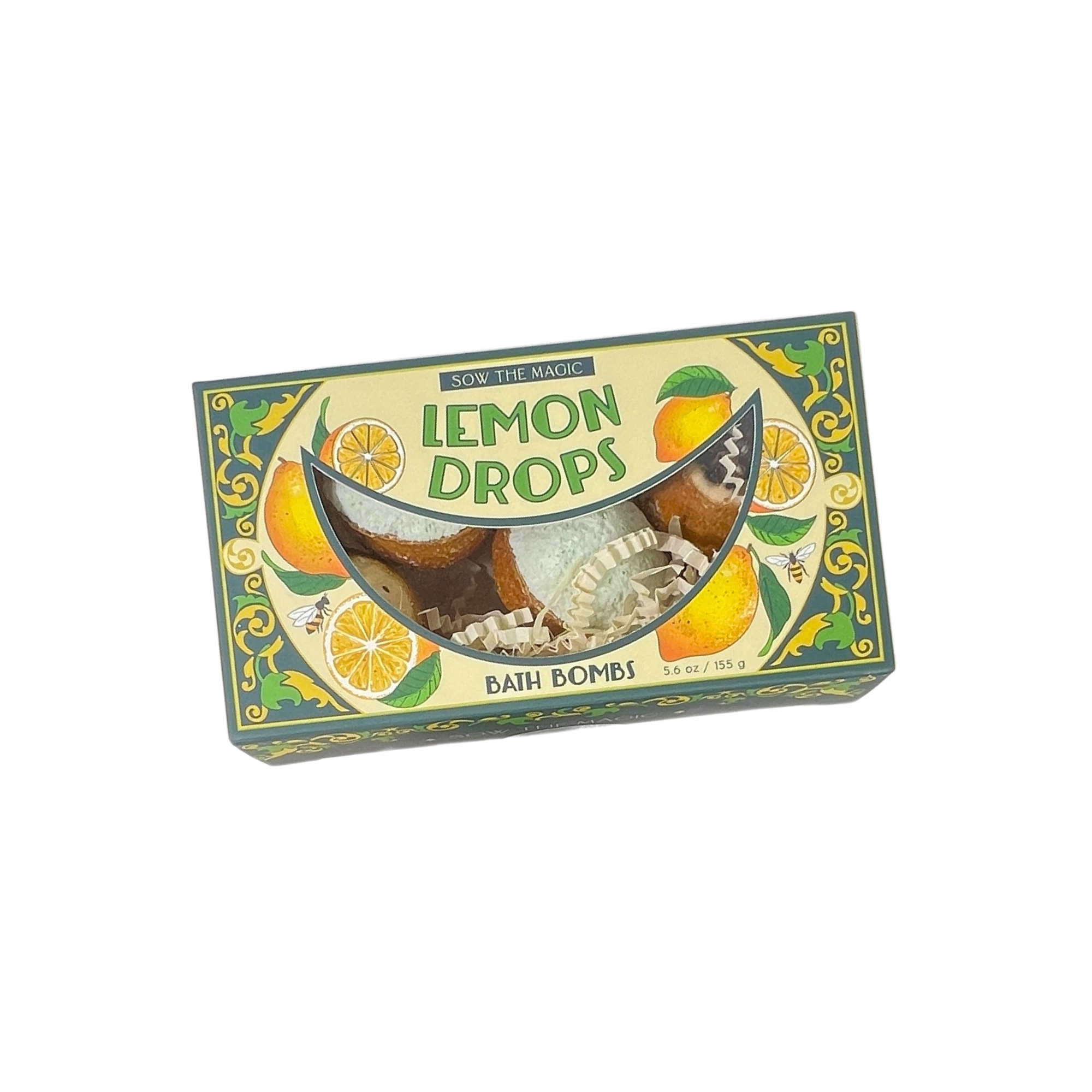 Natural Lemon Drop Bath Bomb Gift Set made with Lemon + MInt in decorative box with lemon illustrations and three bath bombs inside