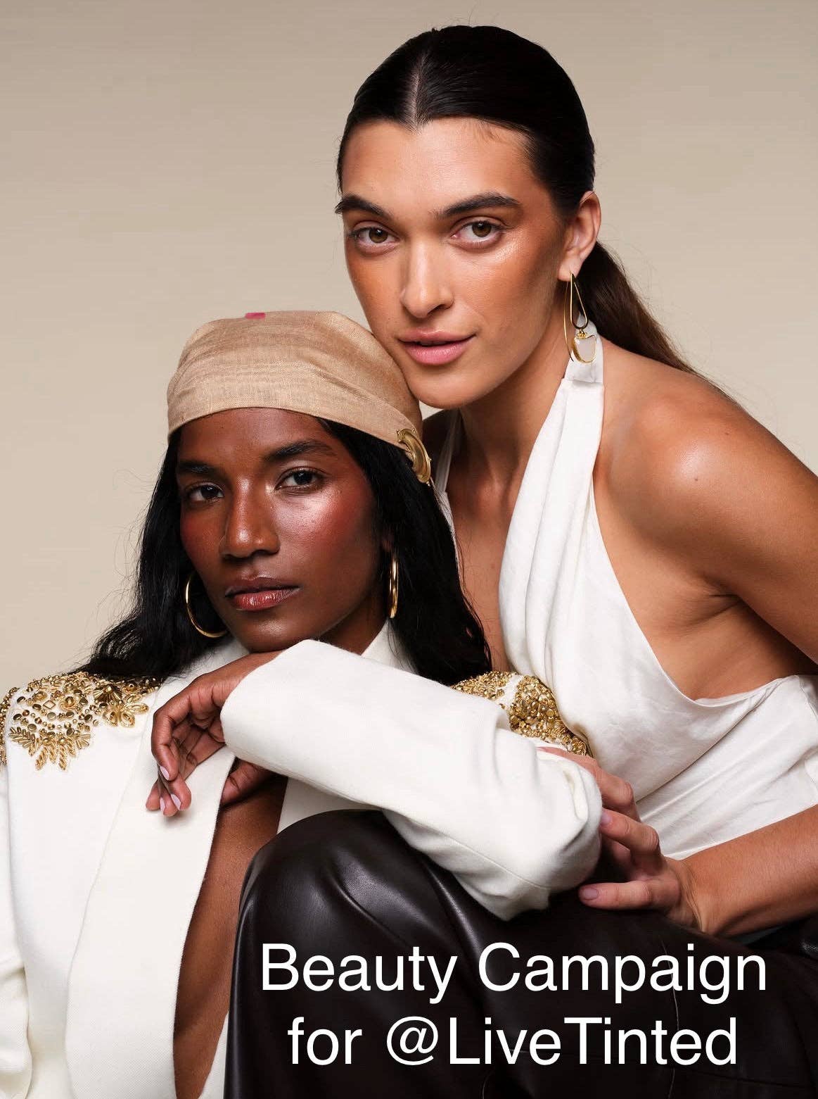 Melek Earrings styled on two women in a bold beauty campaign