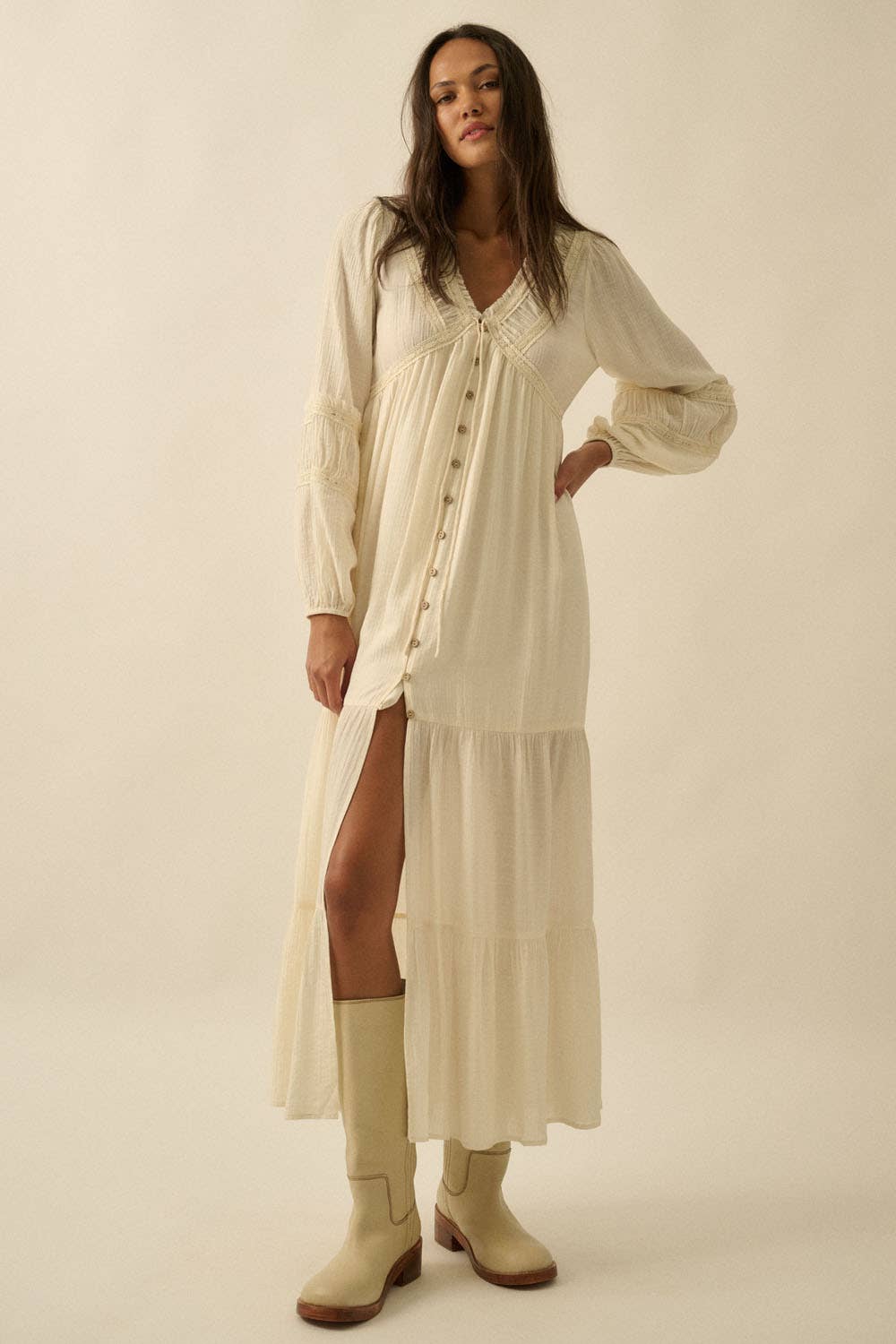 Tonal-Stripe Lace-Trim Button-Front Maxi Dress