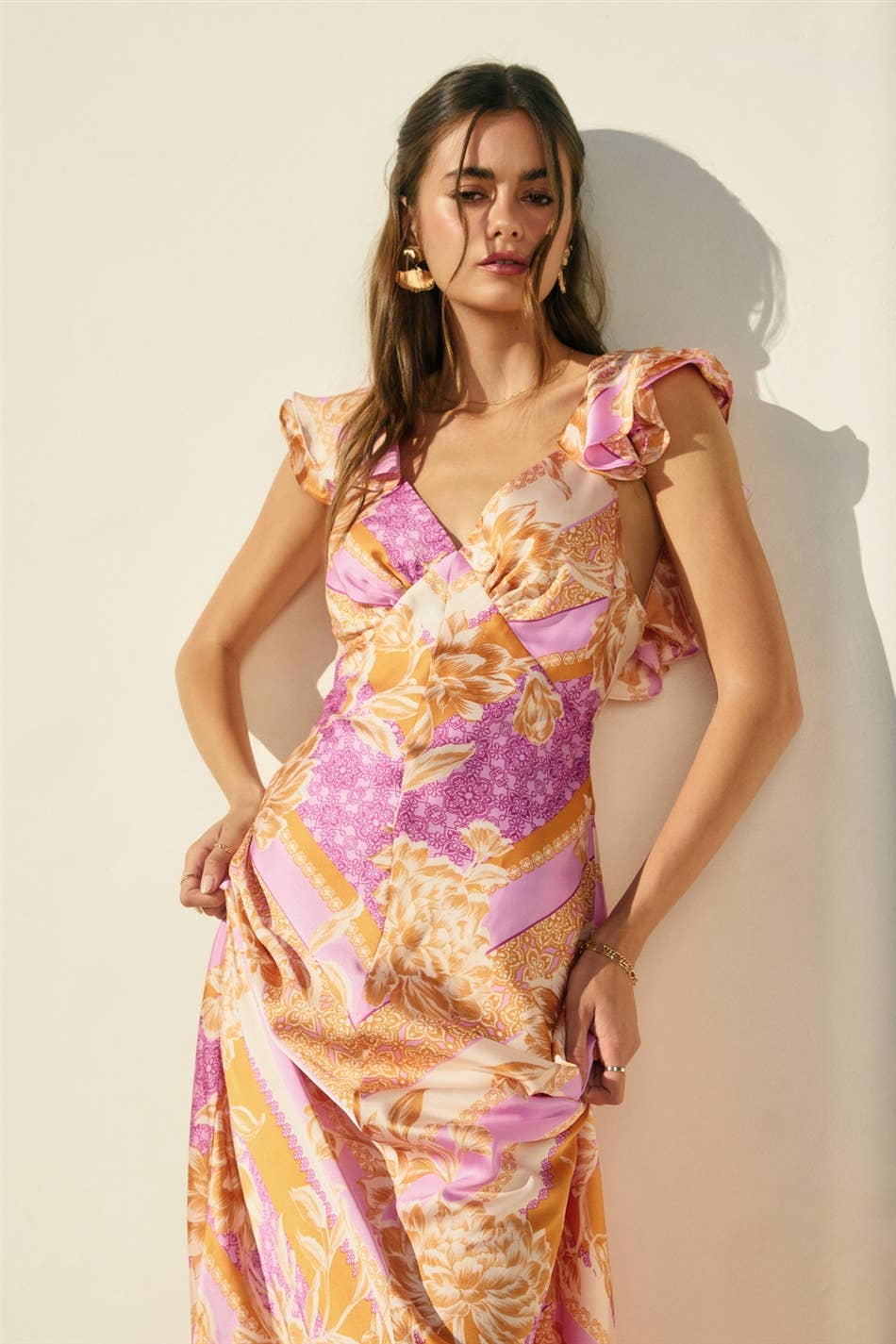 Floral Scarf Flutter Open Back Maxi Dress