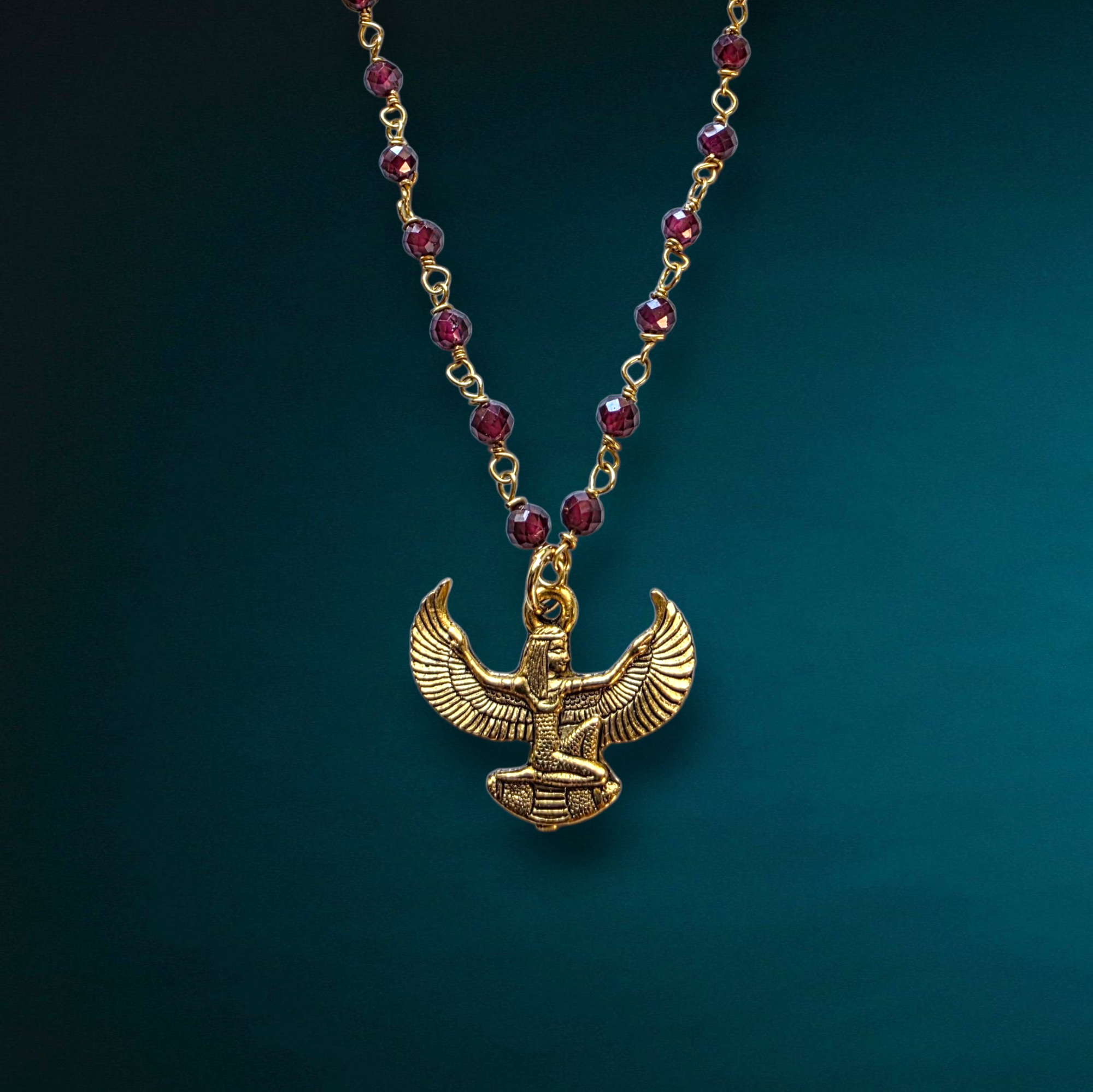 Winged Goddess Isis Charm Necklace | Gemstone Rosary
