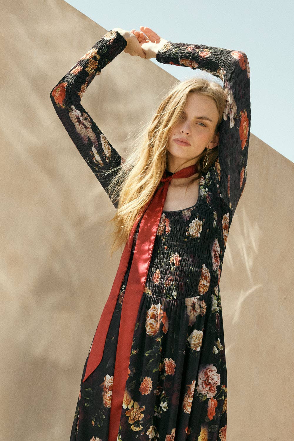Floral-Print Mesh Smocked Long-Sleeve Maxi Dress