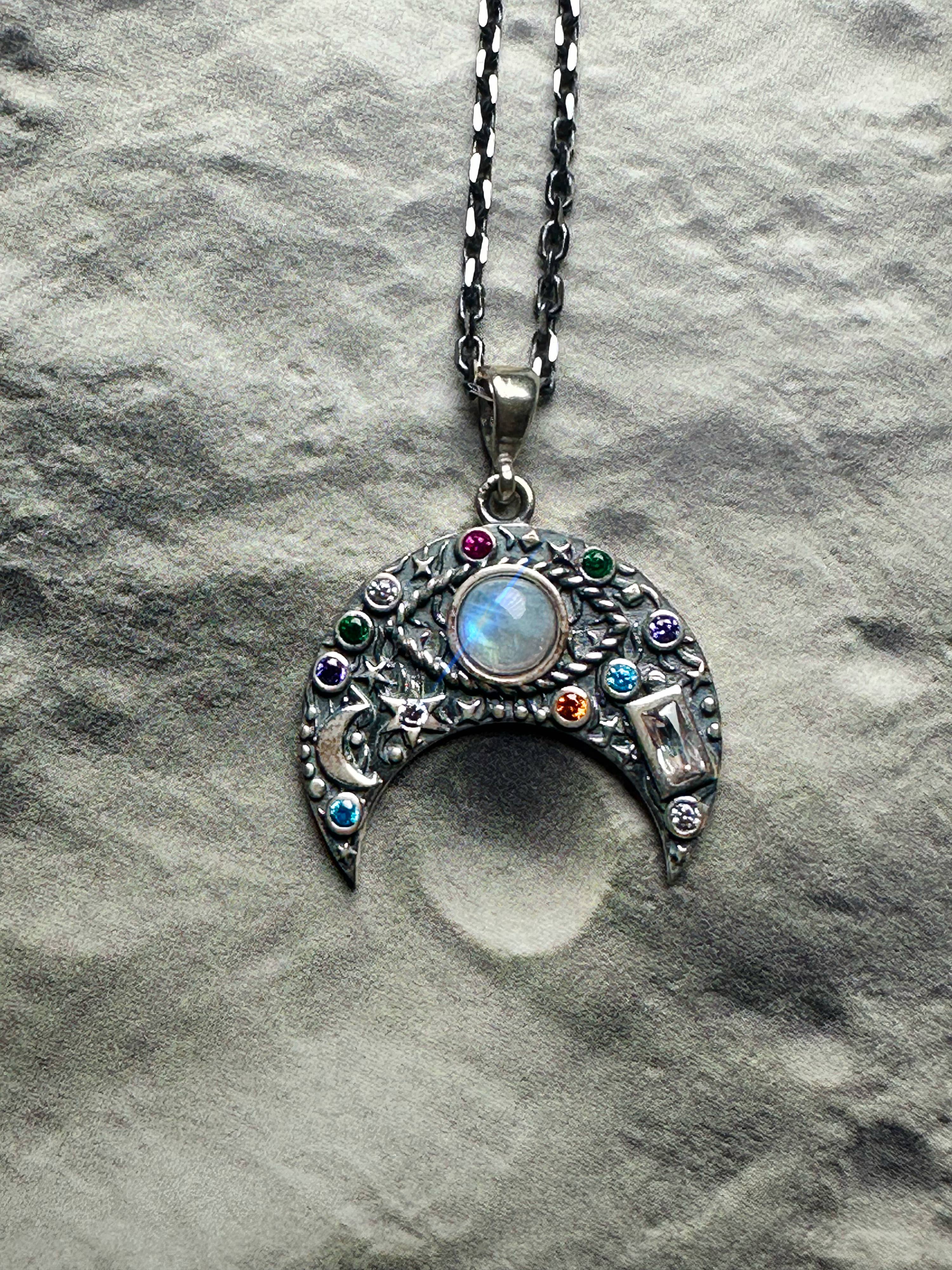 CRESCENT MOON MOONSTONE Evil Eye Sterling Silver Necklace