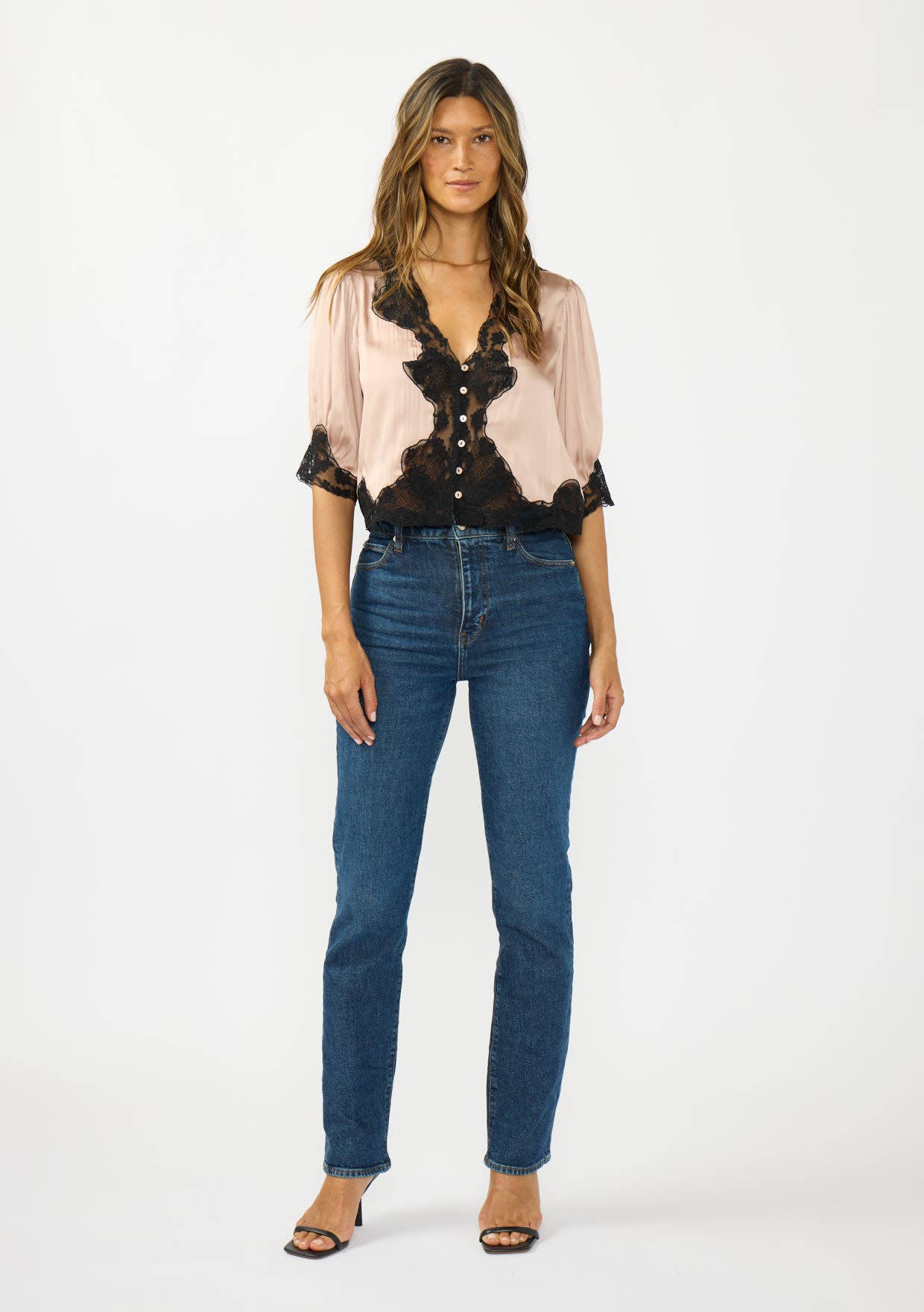 V-Neck Button Front Blouse with Lace Trim