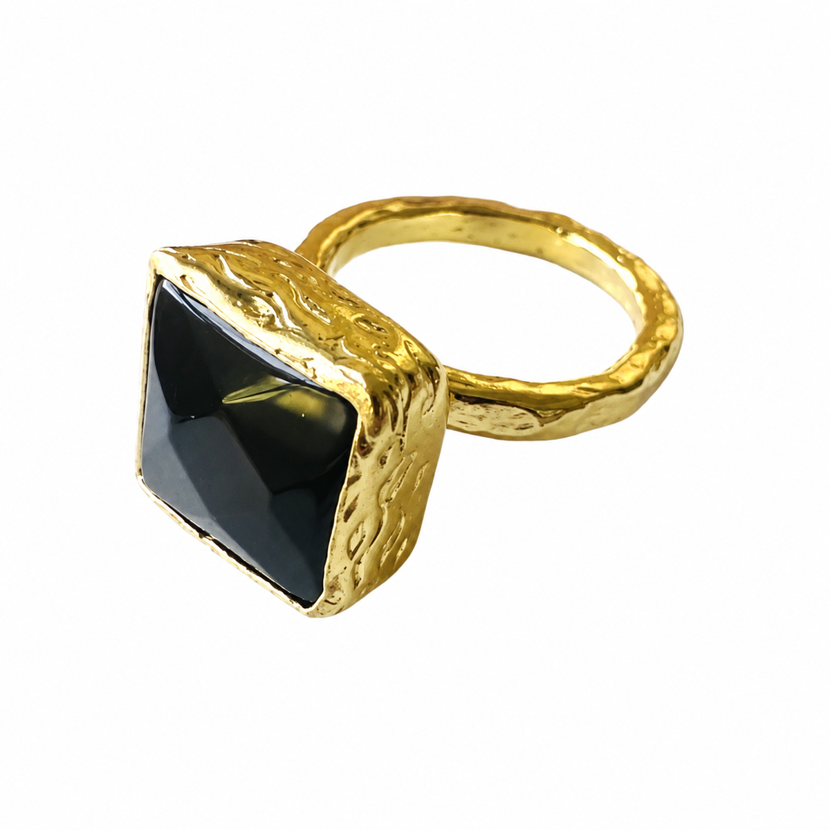 Siyah Onyx Ring featuring a faceted black onyx stone and textured gold tone band
