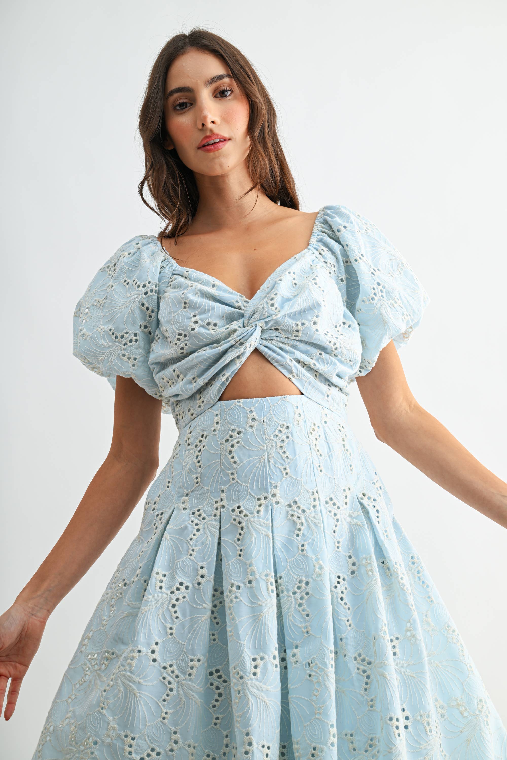 Eyelet Puff Sleeve Maxi Dress with Twist Front