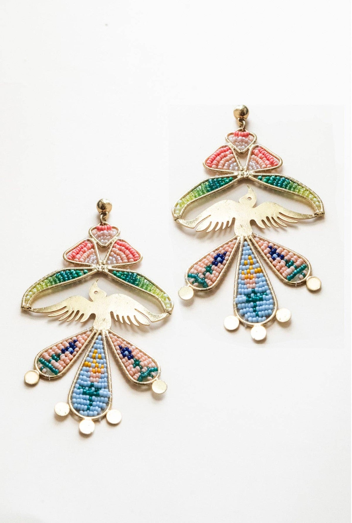 Birdsong Tapestry colorful artisan earrings with beaded bird designs and dangling pearl accents