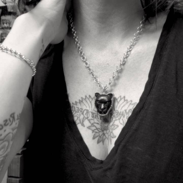Carved Ebony Panther Lioness Necklace
