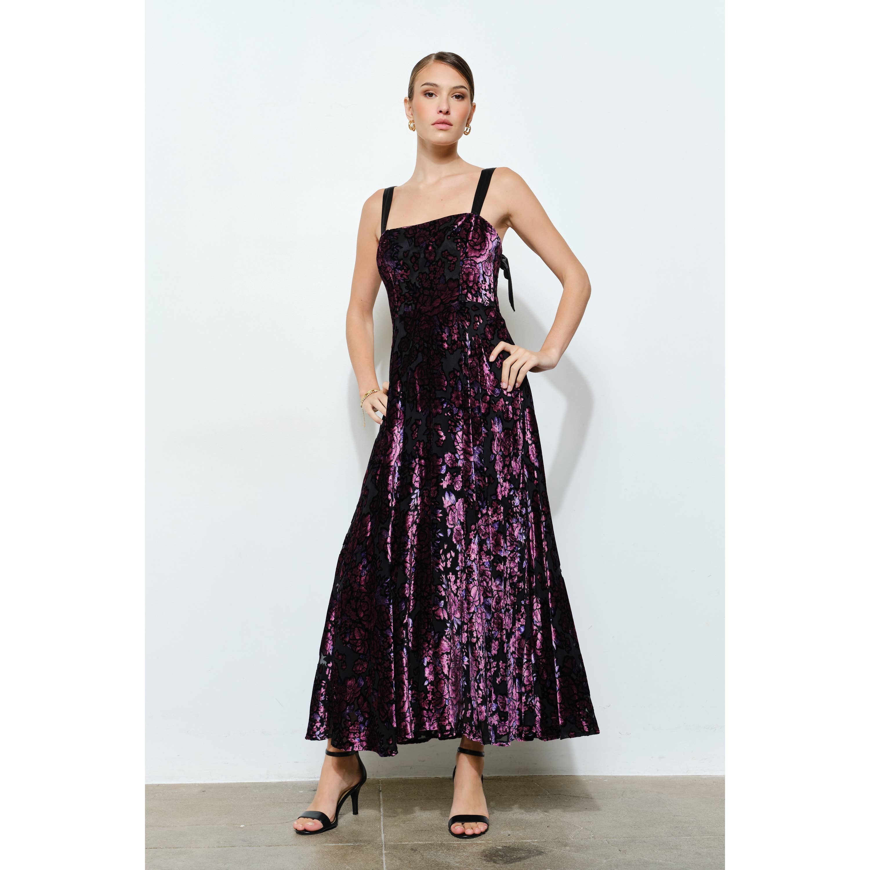 Velvet Floral Bow-Back A-Line Maxi Dress