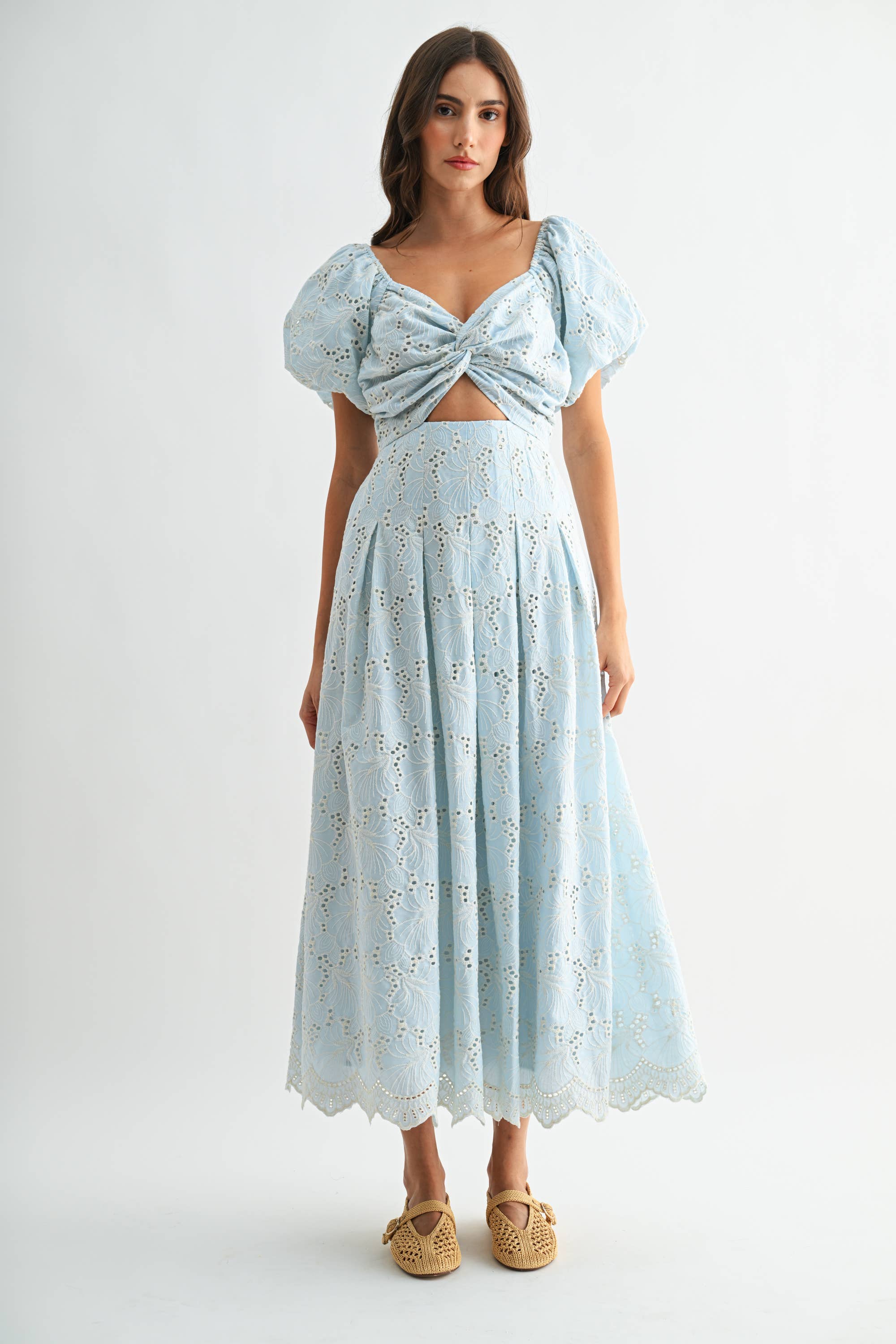 Eyelet Puff Sleeve Maxi Dress with Twist Front