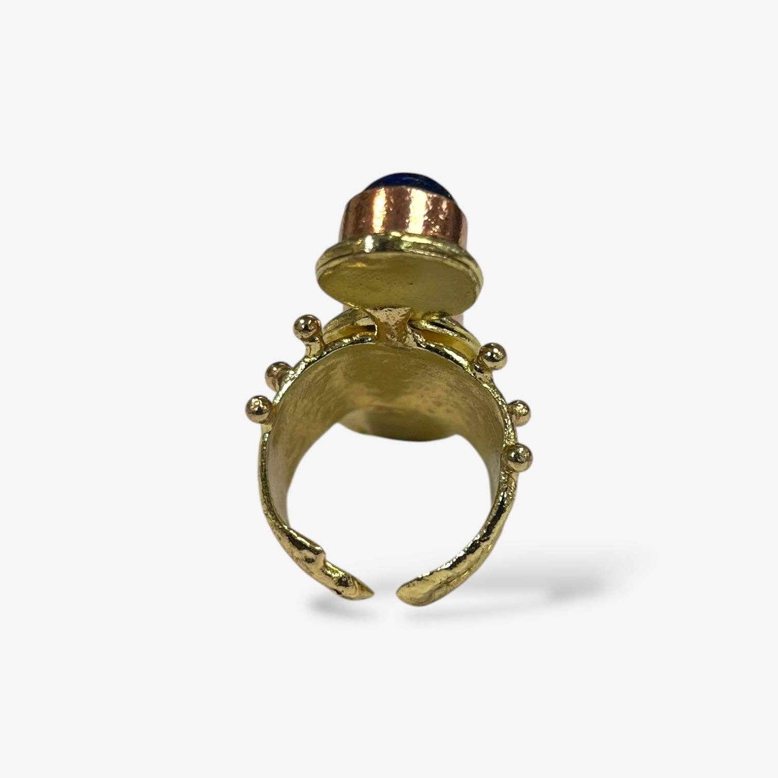 Aurora Luxe Gemstone Ring with gold tone and decorative bead accents featuring a dark blue gemstone centerpiece