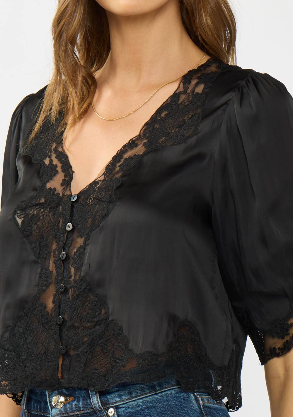 V-Neck Button Front Blouse with Lace Trim