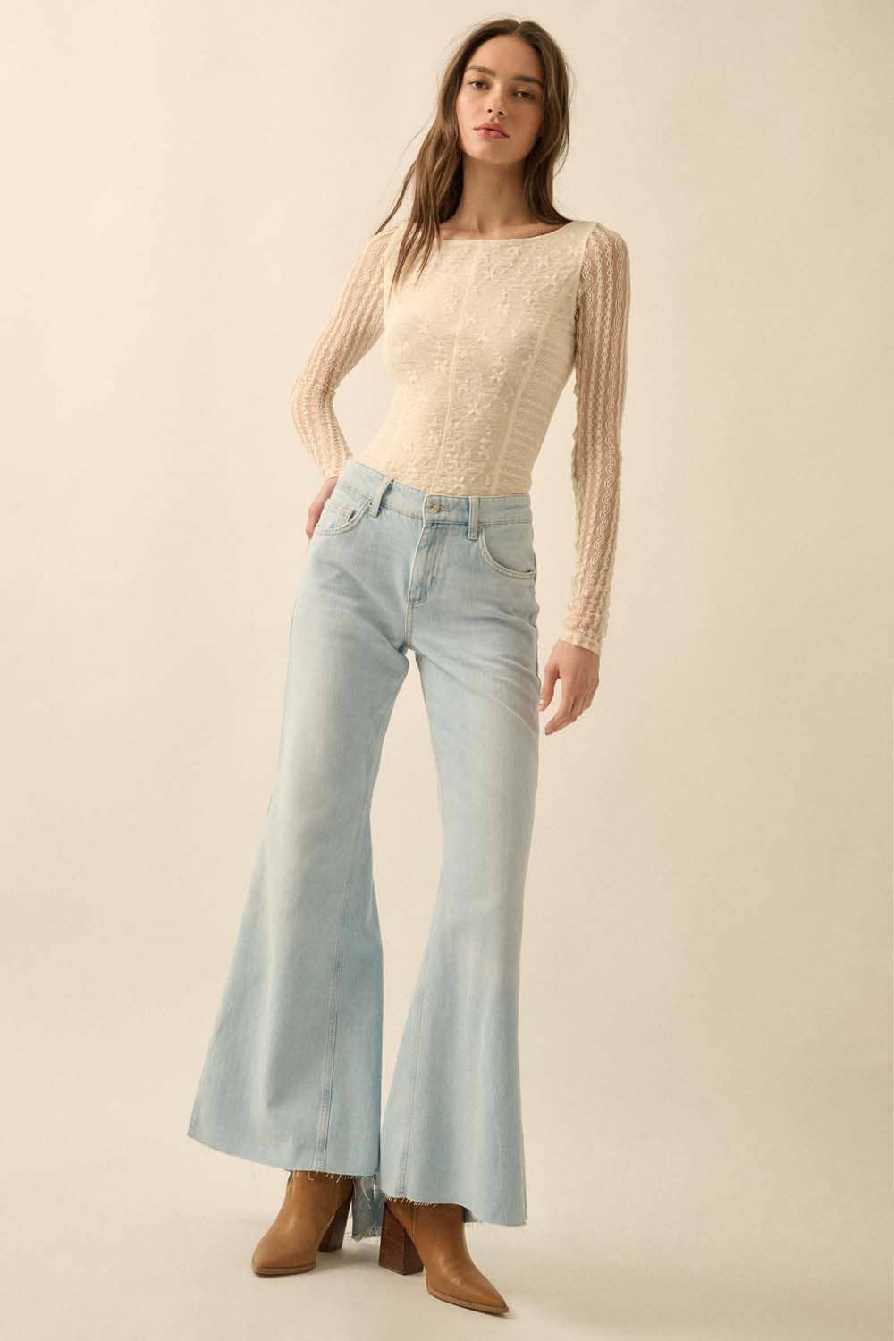 Floral and Striped Lace Boat-Neck Bodysuit in Black or Cream