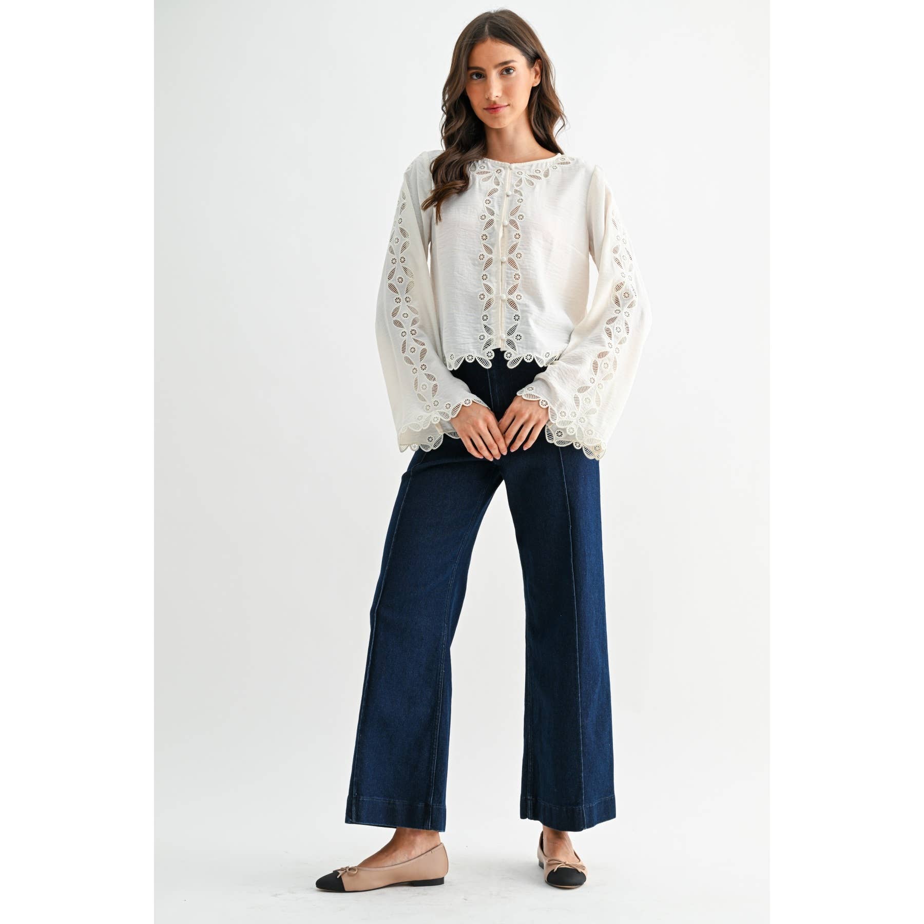 IVORY SCALLOPED EMBROIDERED LACE BUTTON BLOUSE