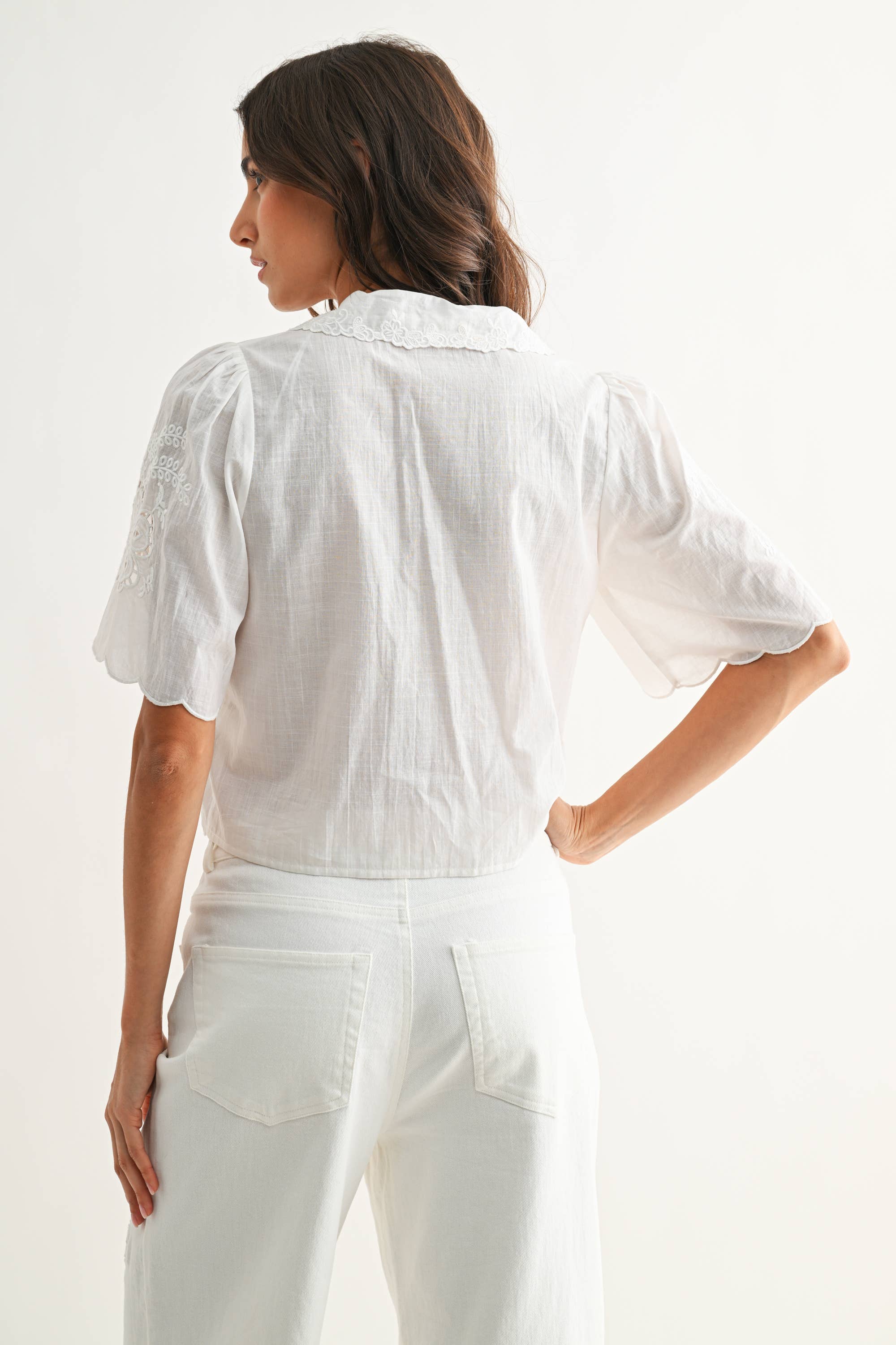 Embroidered Cropped Blouse with Tie Front