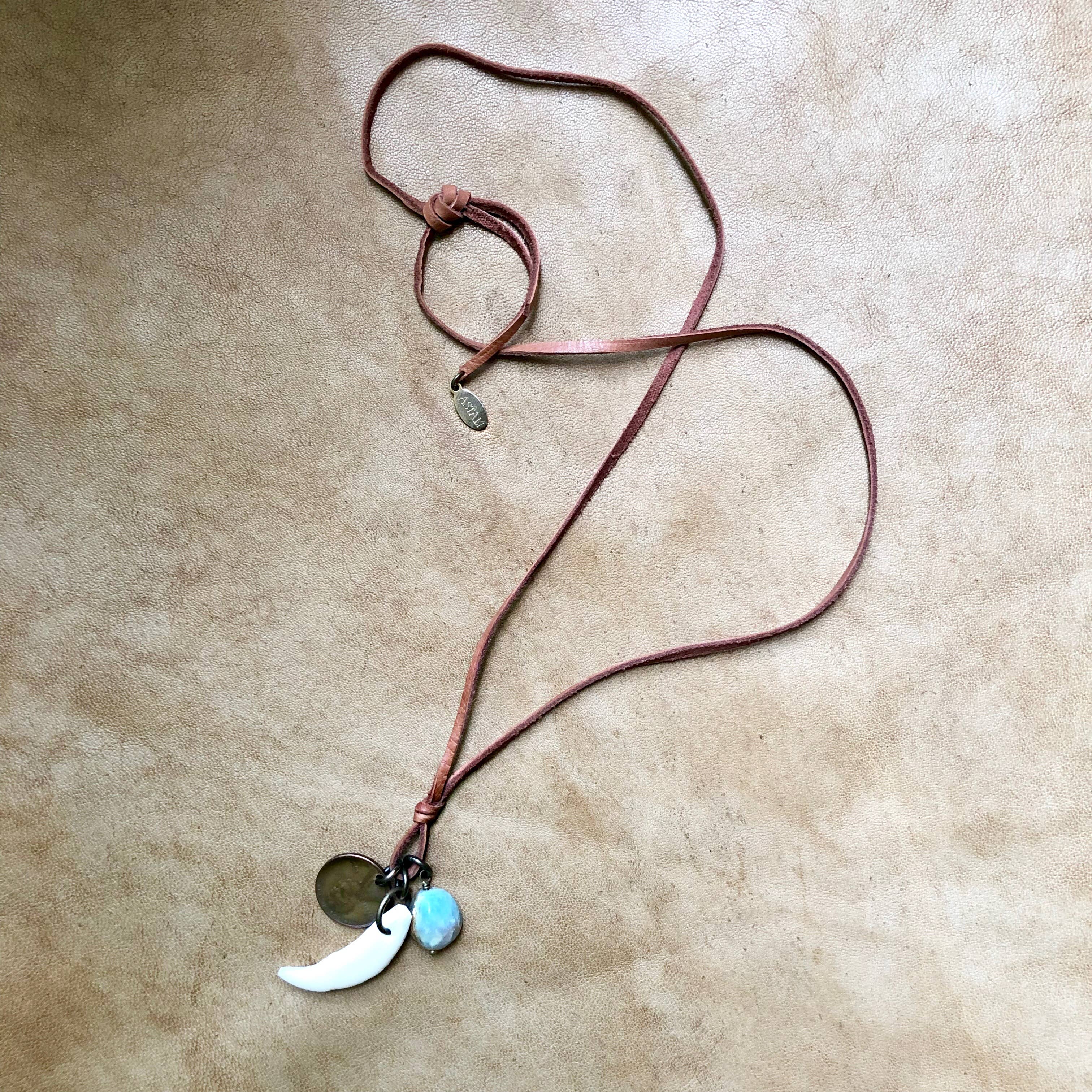 Coyote Tooth & Blue Opal Necklace, Wheat Penny, Rust Leather with rustic charm and natural elements on soft leather cord