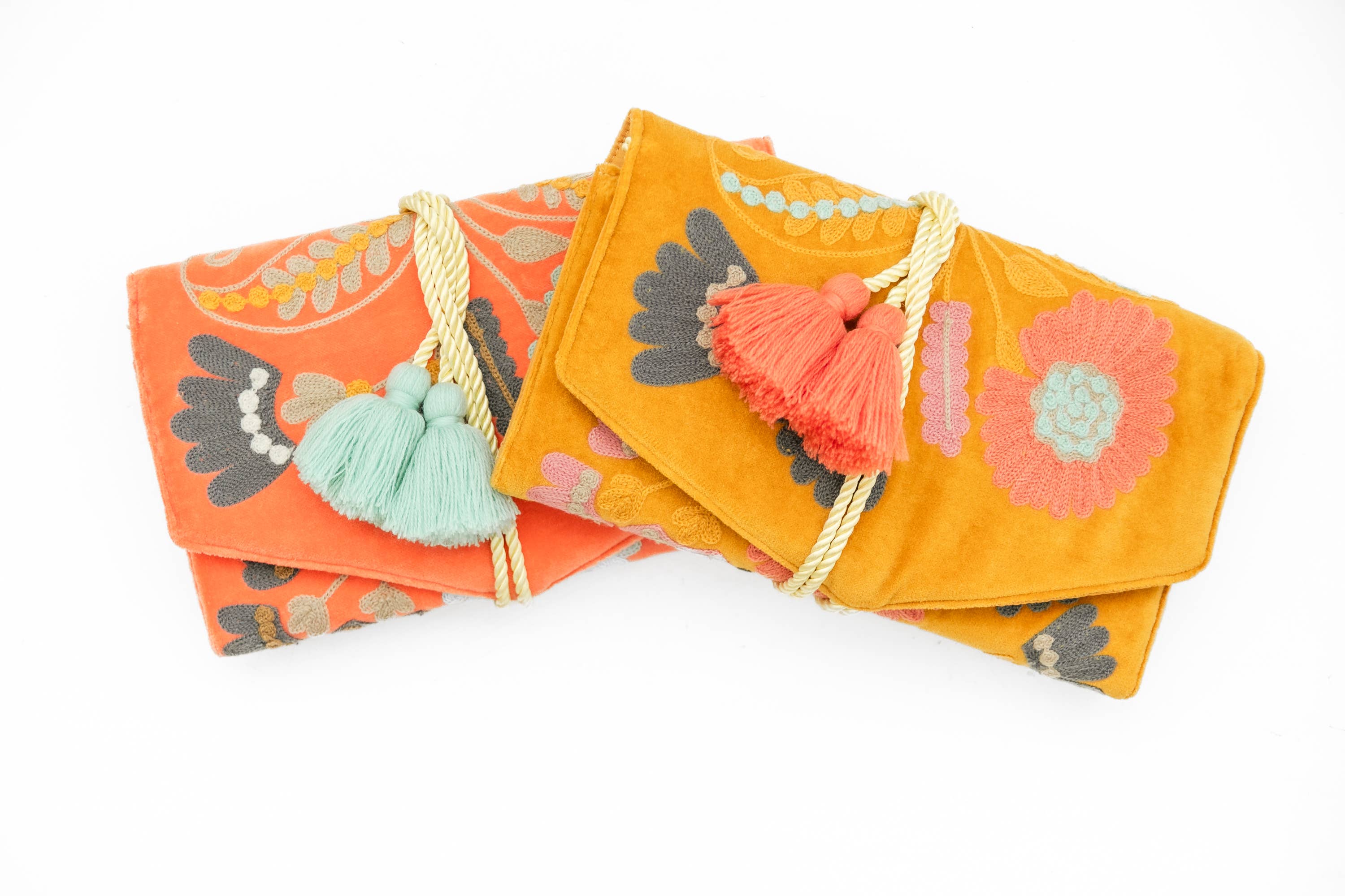 Embroidered Velvet Jewelry Organizer-Mustard with floral designs and tassel closure in vibrant colors on soft velvet fabric