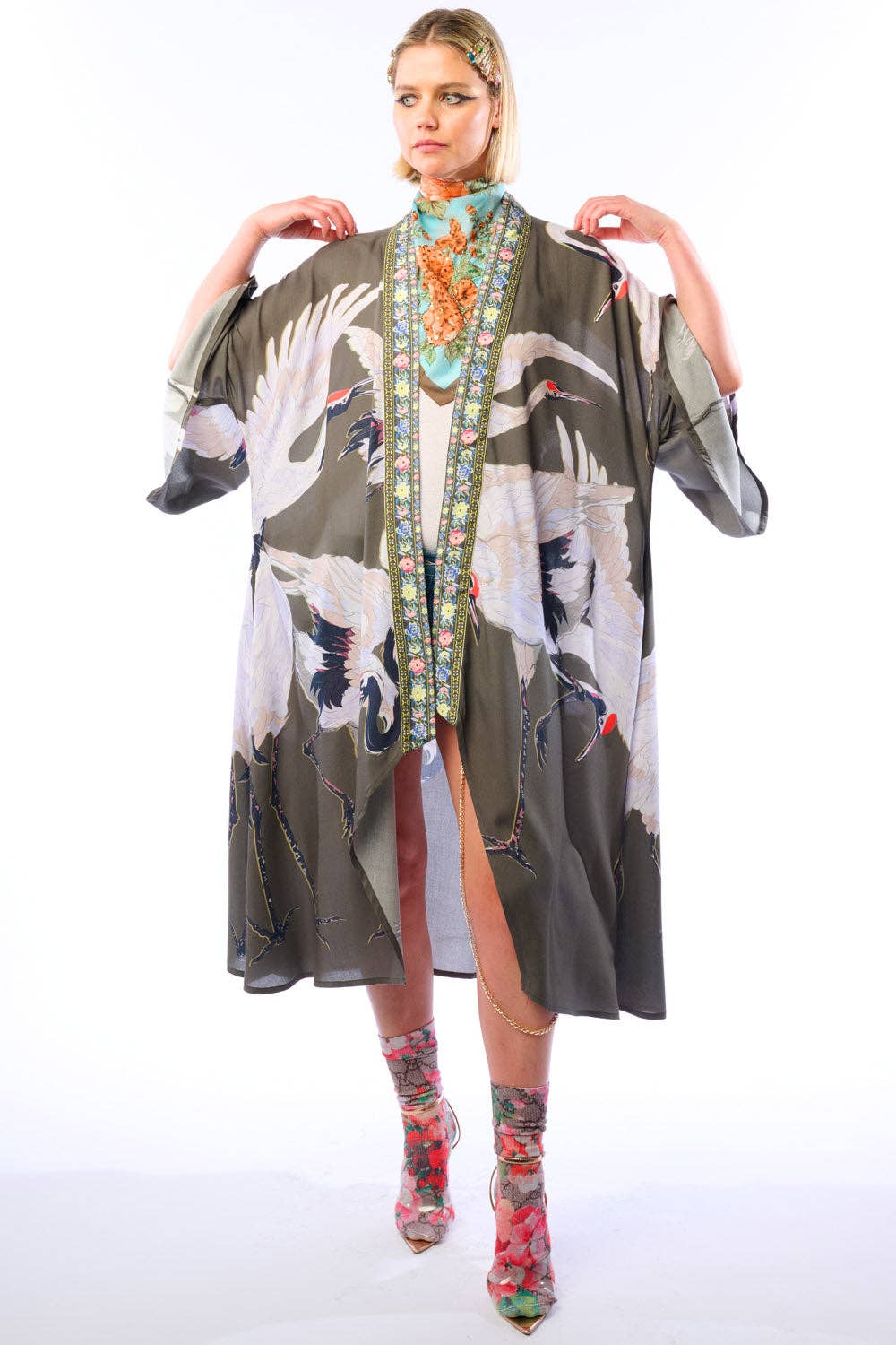 Story of the Crane Kimono - Charcoal | Bohemian Coverup Robe