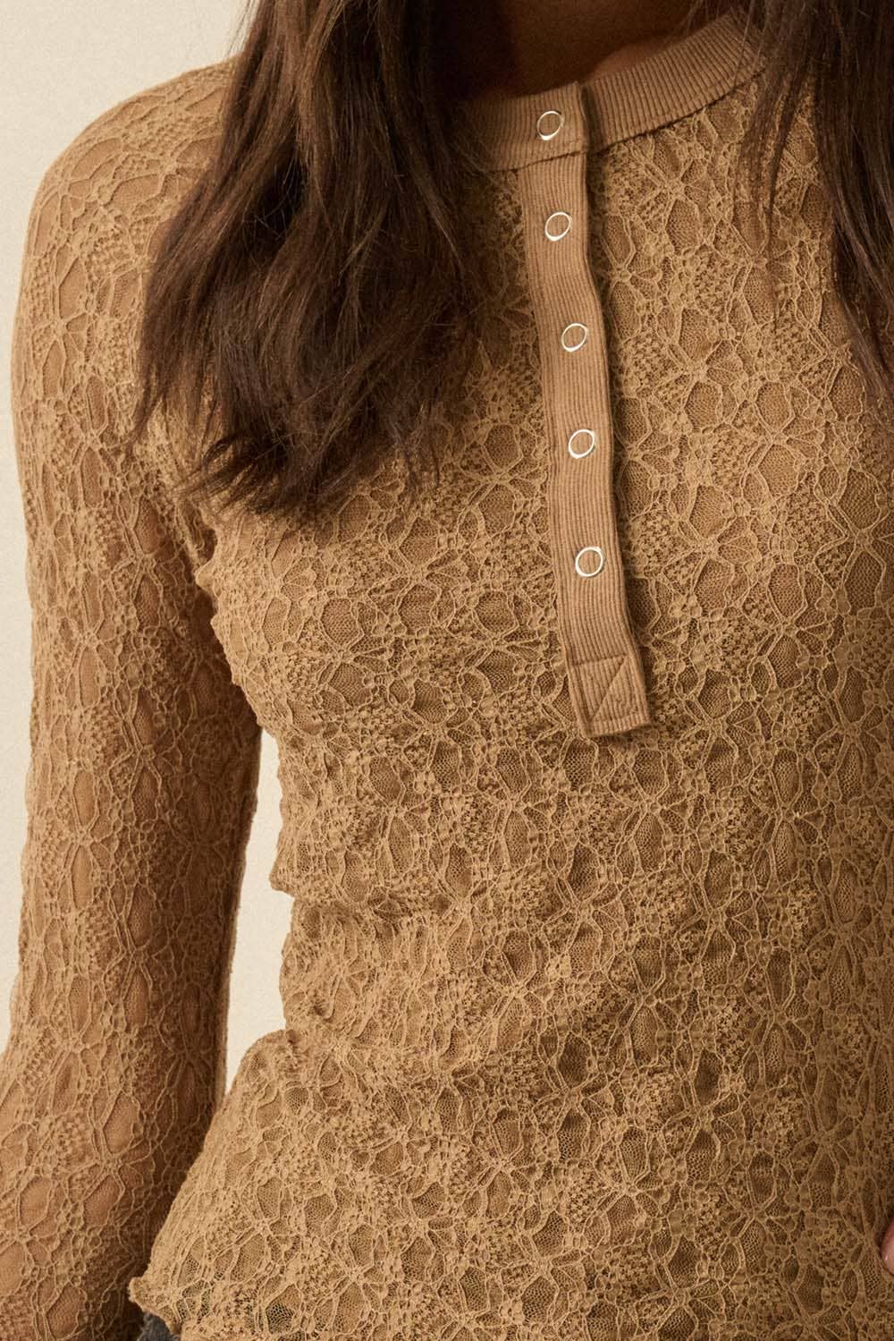 Floral Lace Raglan-Sleeve Henley Top