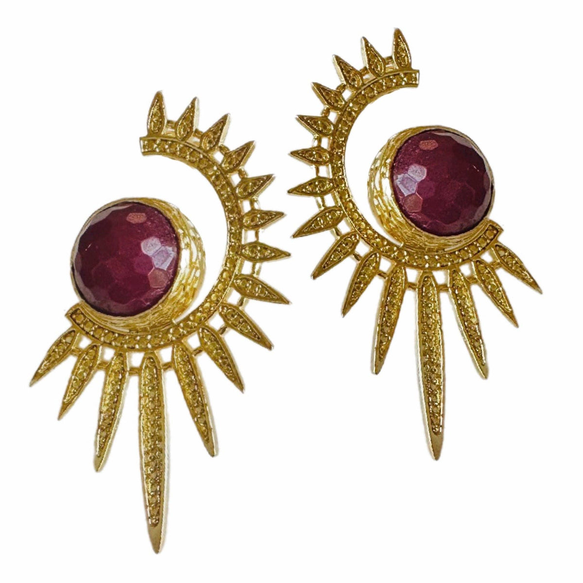 Sabira Ruby Crescent Sunburst Earrings with faceted ruby stones and gold toned rays