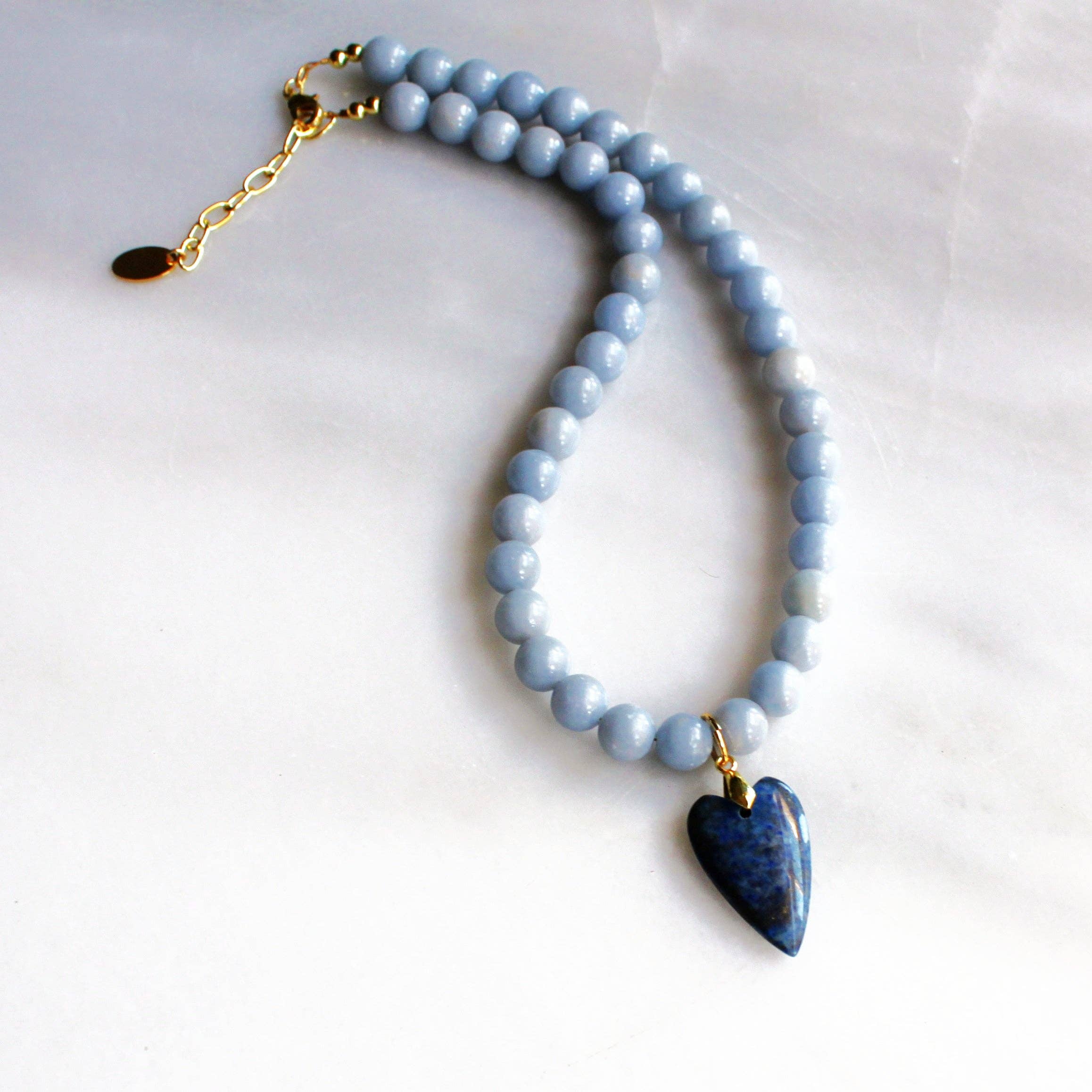 Denim Heart Beaded Necklace - Handmade Jewelry
