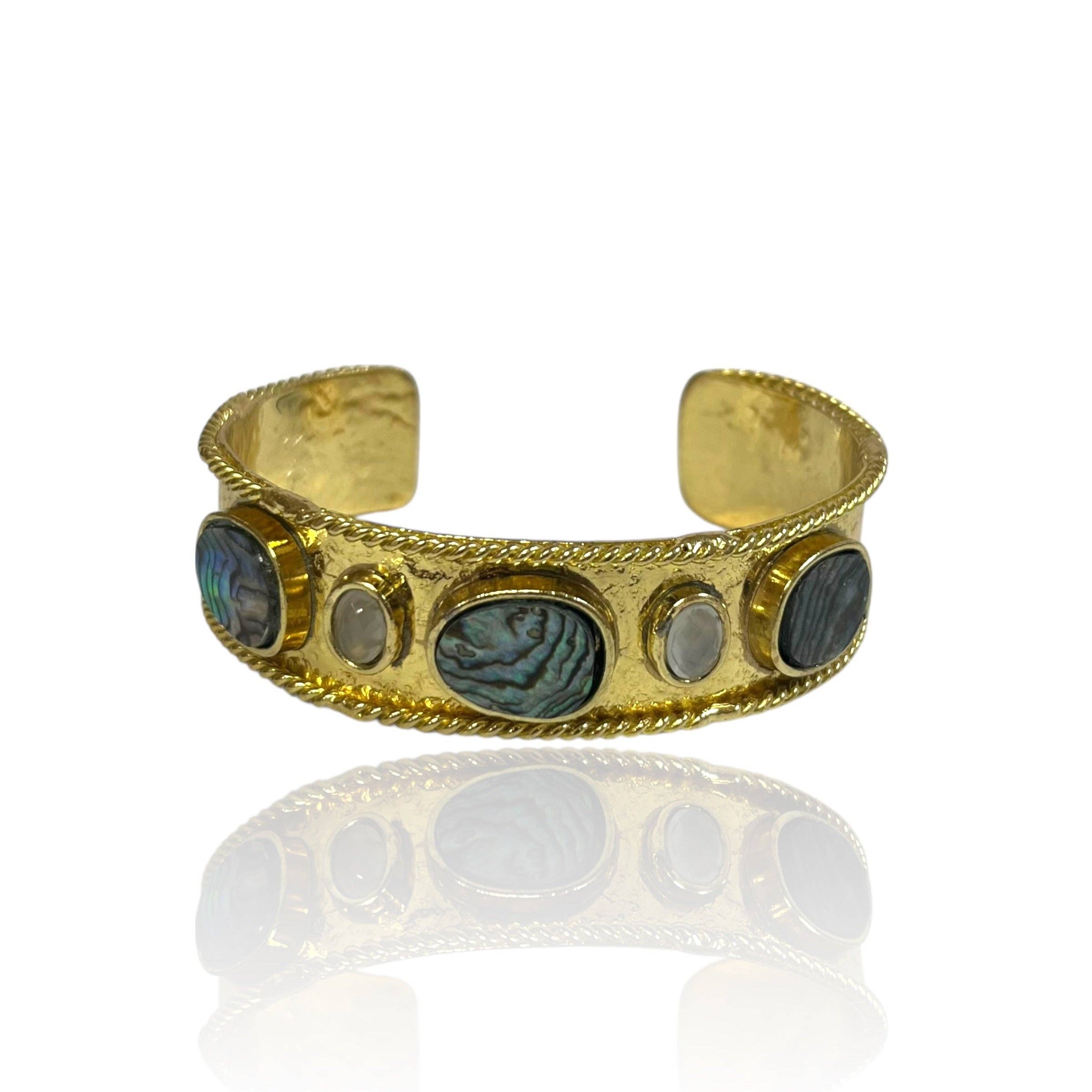 Smoky Quartz Gem Cuff gold bracelet with textured band and iridescent stone accents in a bold artisan design