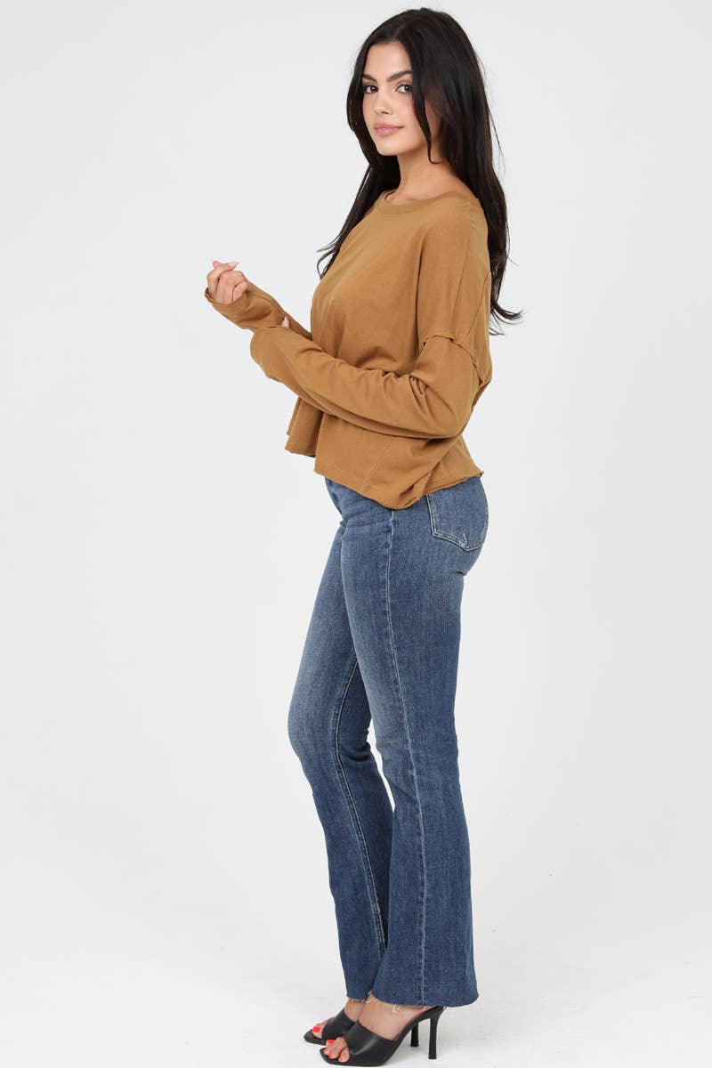 LONG SLEEVE SLUBBY KNIT TOP WITH RAW EDGES