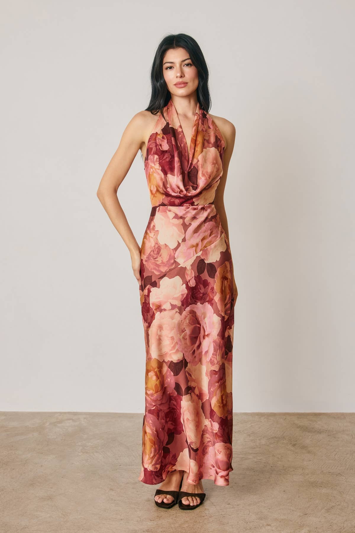 Floral Draped Halter Neck Maxi Dress