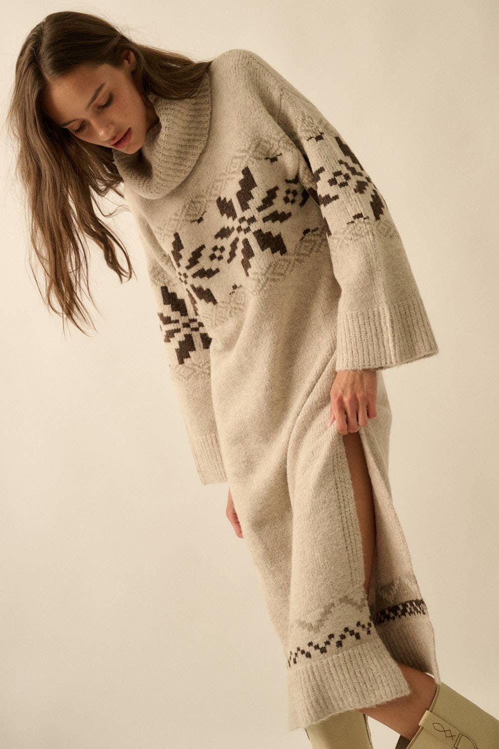 Alpine Snowflake Knit Cowl-Neck Midi Sweater Dress