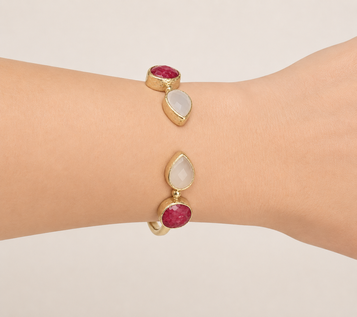 Ruby and Snow Quartz Cuff Bangle | Miray with red ruby and white snow quartz stones