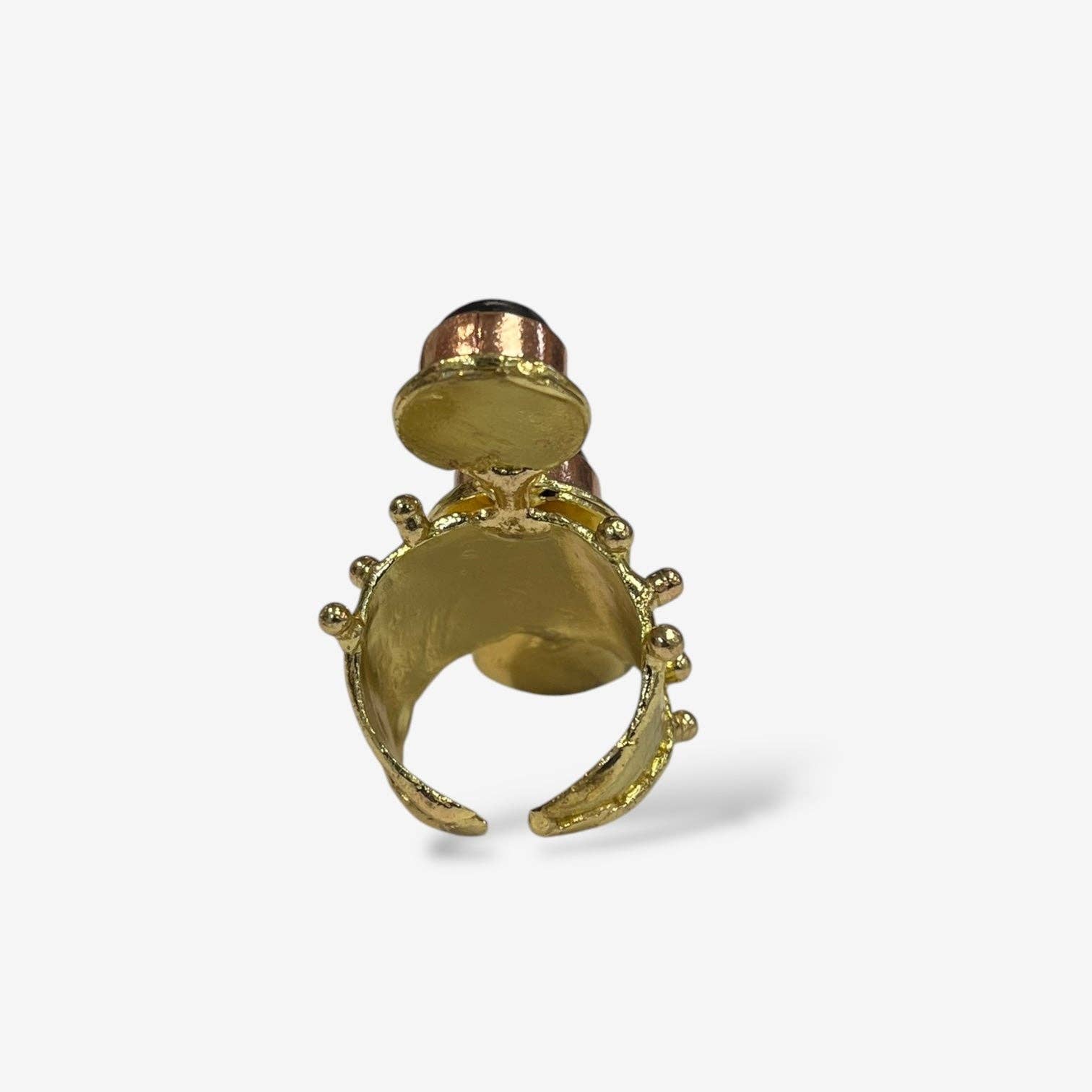 Aurora Luxe Gemstone Ring featuring a gold-toned open band with textured detailed accents and a raised stone setting