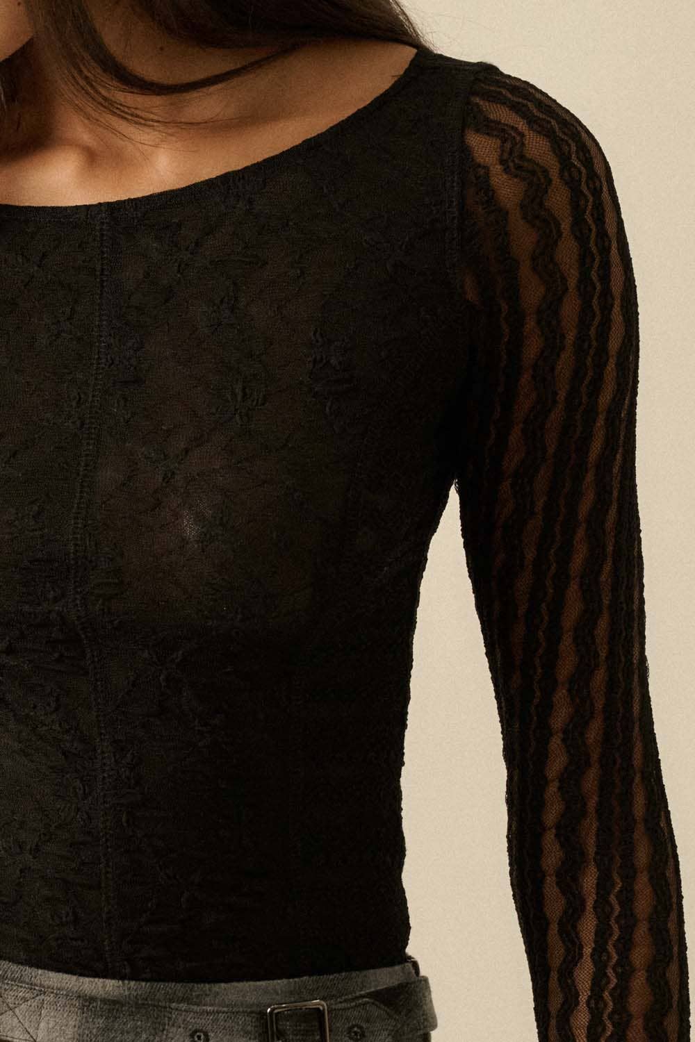 Floral and Striped Lace Boat-Neck Bodysuit in Black or Cream
