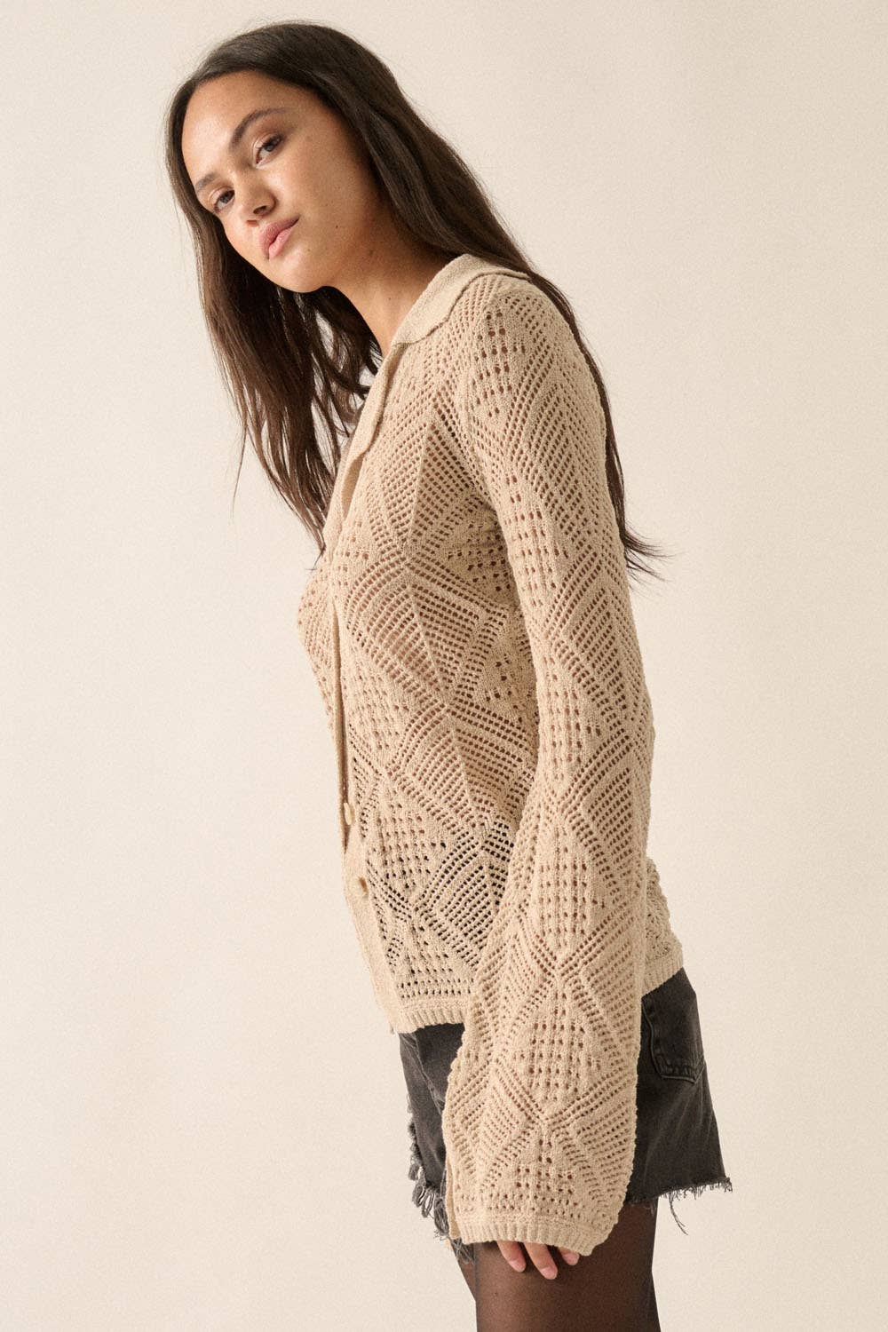 Solid Geometric-Pointelle Bell-Sleeve Cardigan