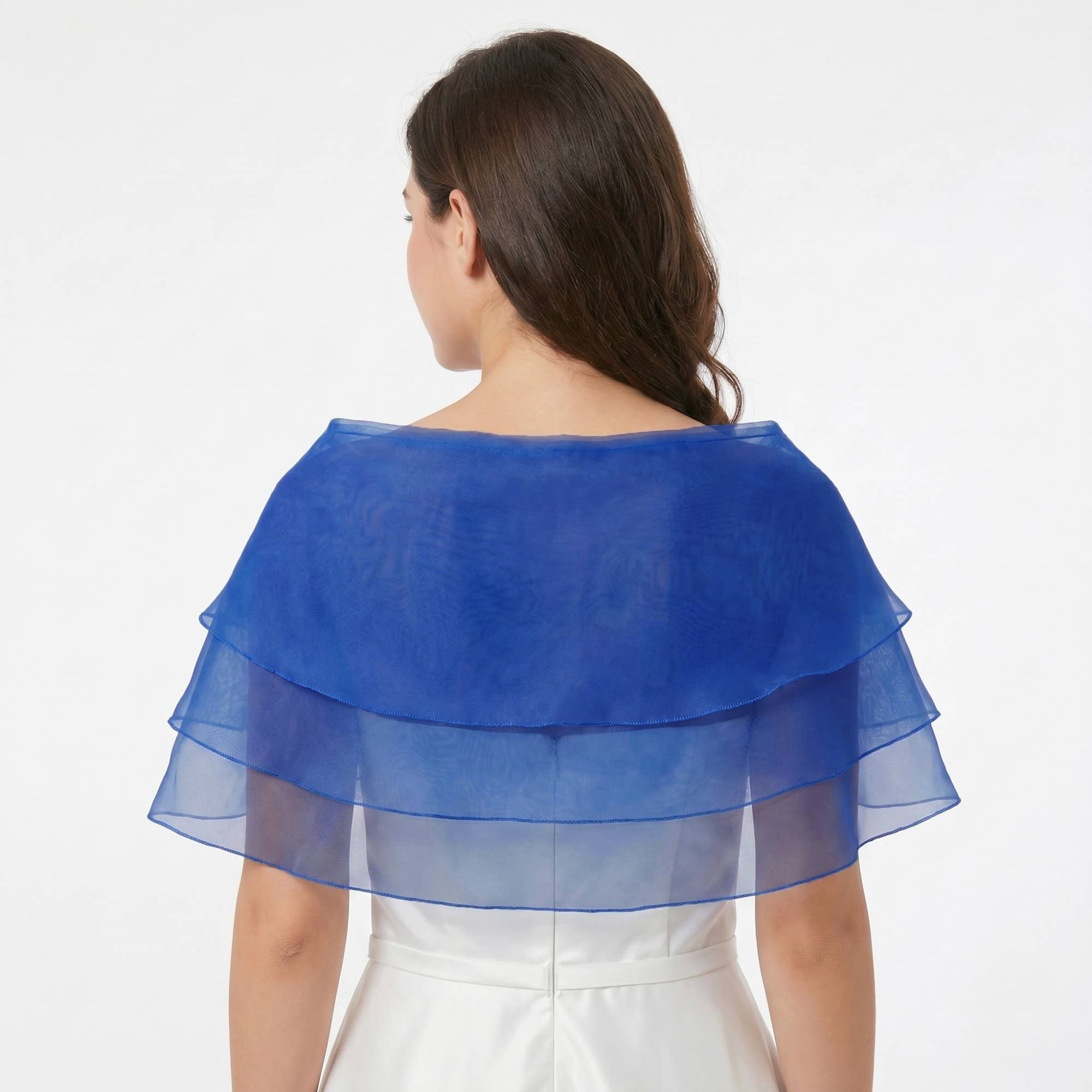 Sheer Organza Shoulder Shawl with Layered Ruffle Trim and Elegant Off-Shoulder Drape 14IN