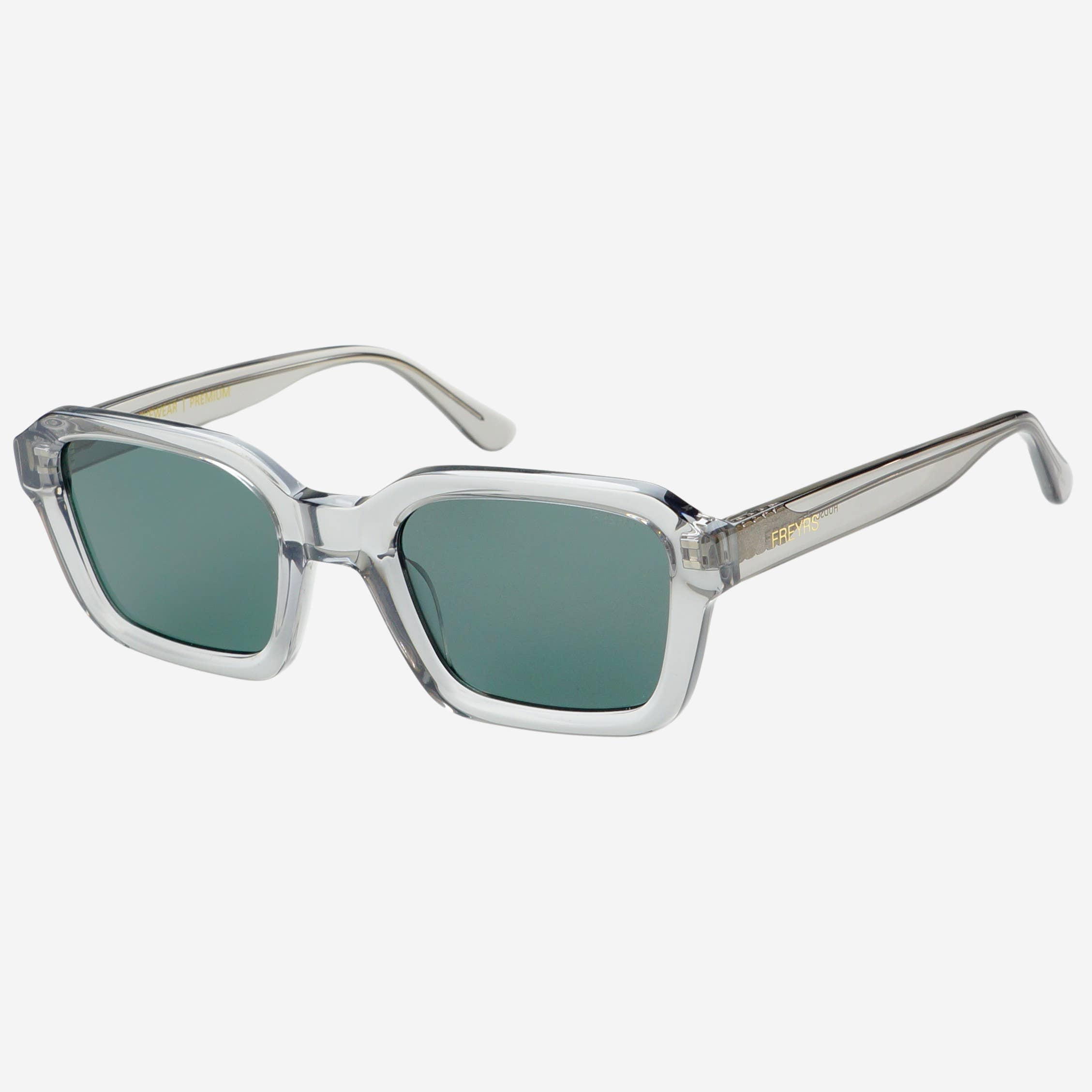 The Hudson Acetate Unisex Rectangular Sunglasses by FREYRS Eyewear feature thick, handmade acetate frames and green-tinted CR39 lenses for stylish UVA/UVB protection, shown against a plain white background.