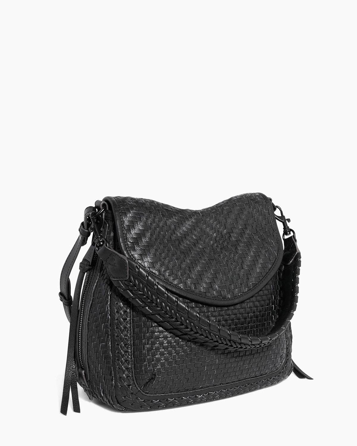 All For Love Novelty Zip Top Convertible Shoulder bag with woven texture and adjustable strap in black color
