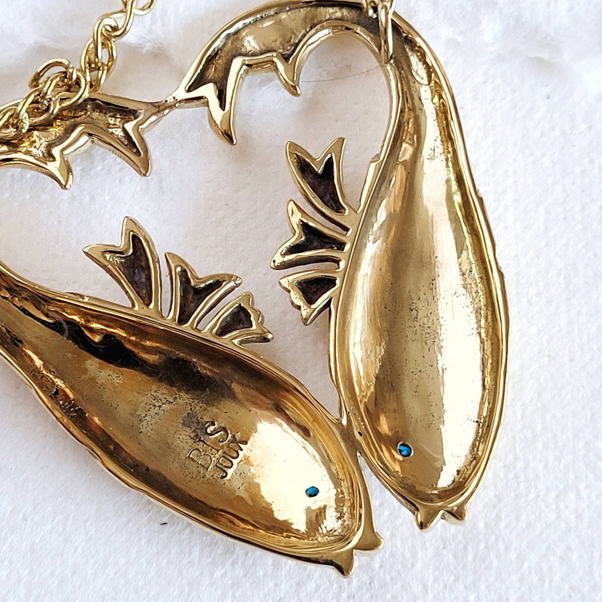 Brass double fish heart aquamarine pendant Necklace