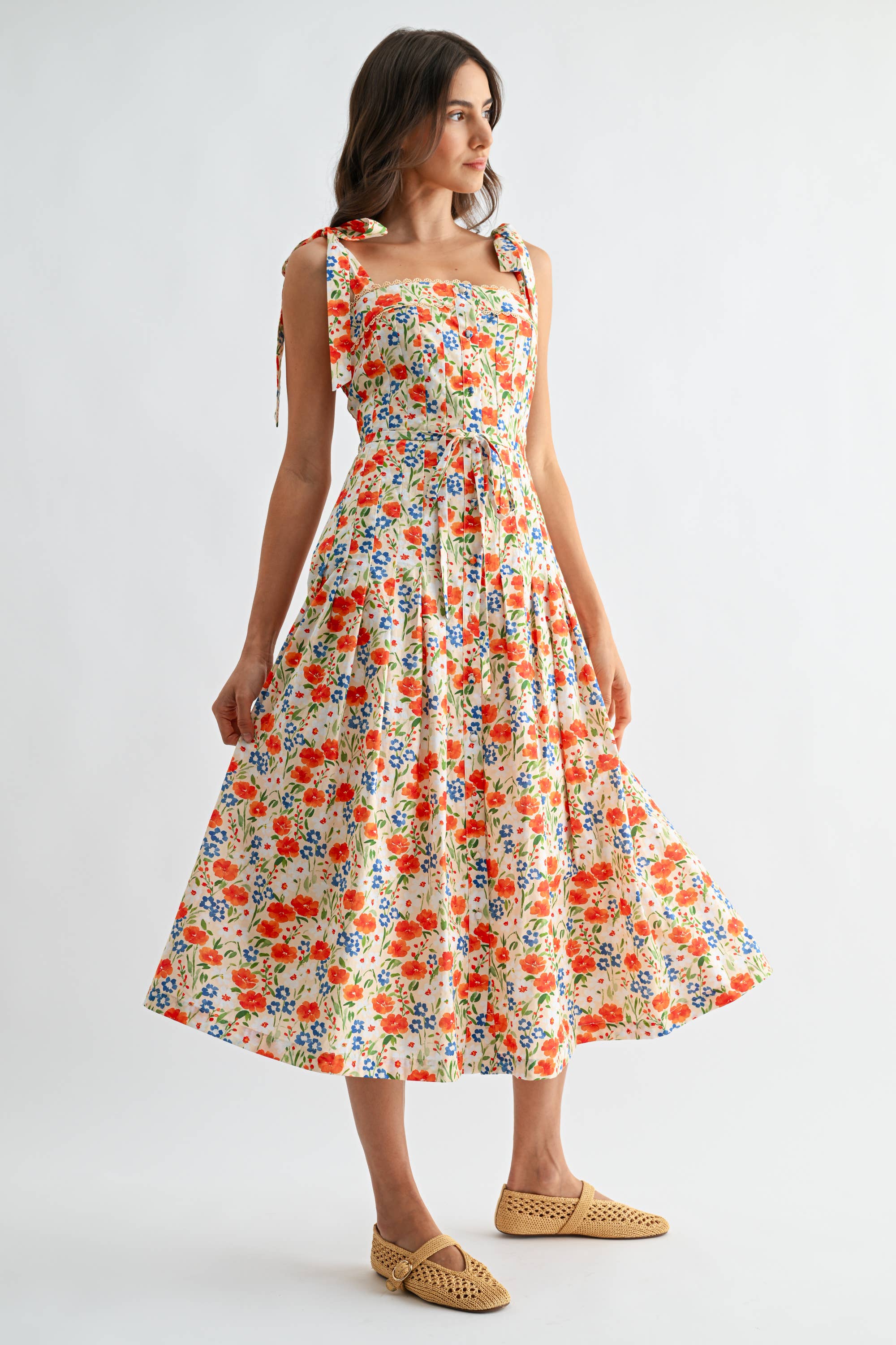 Floral Print Tie-Shoulder Belted Midi Dress