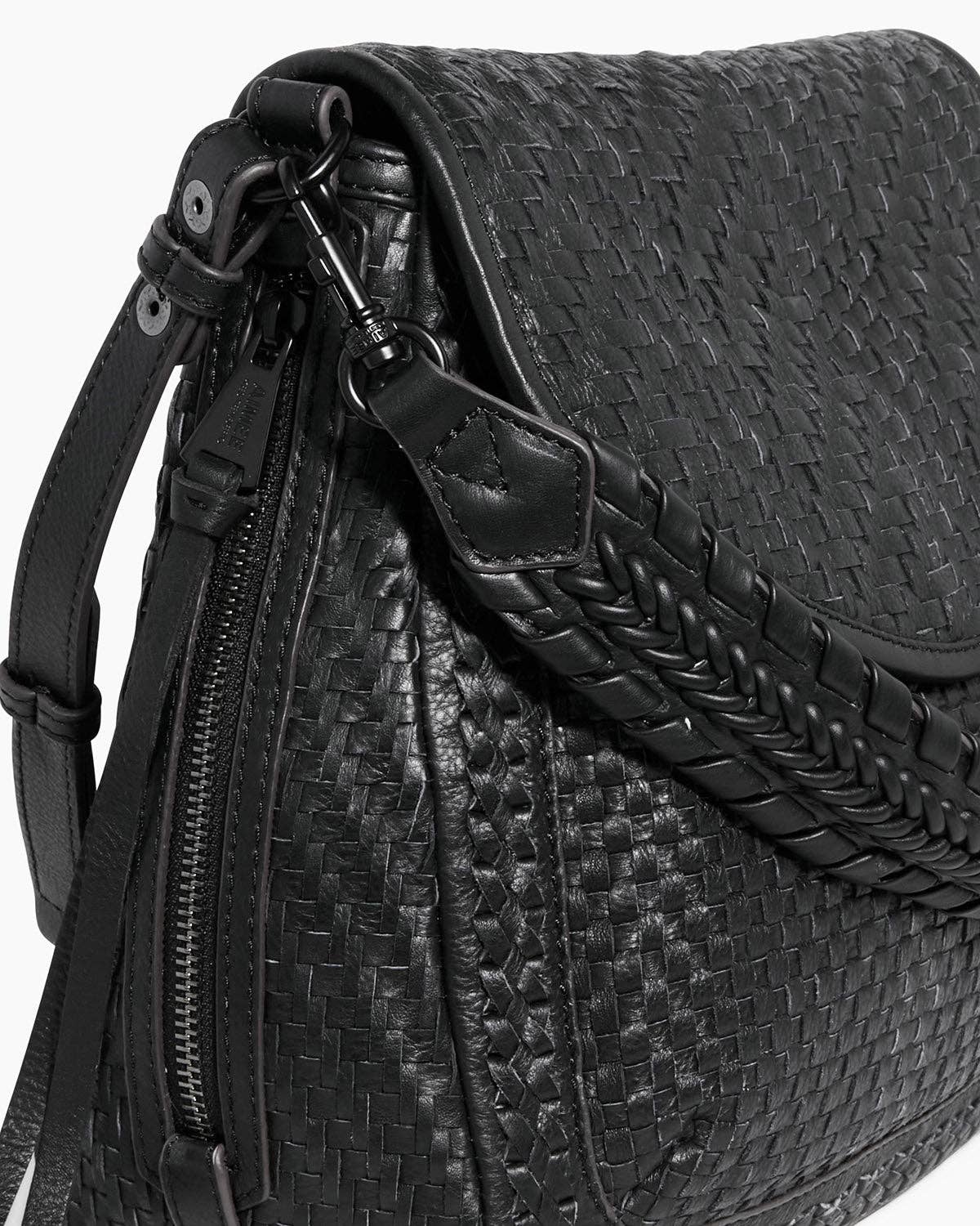 Black woven leather bag with zippered top and braided shoulder strap All For Love Novelty Zip Top Convertible Shoulder