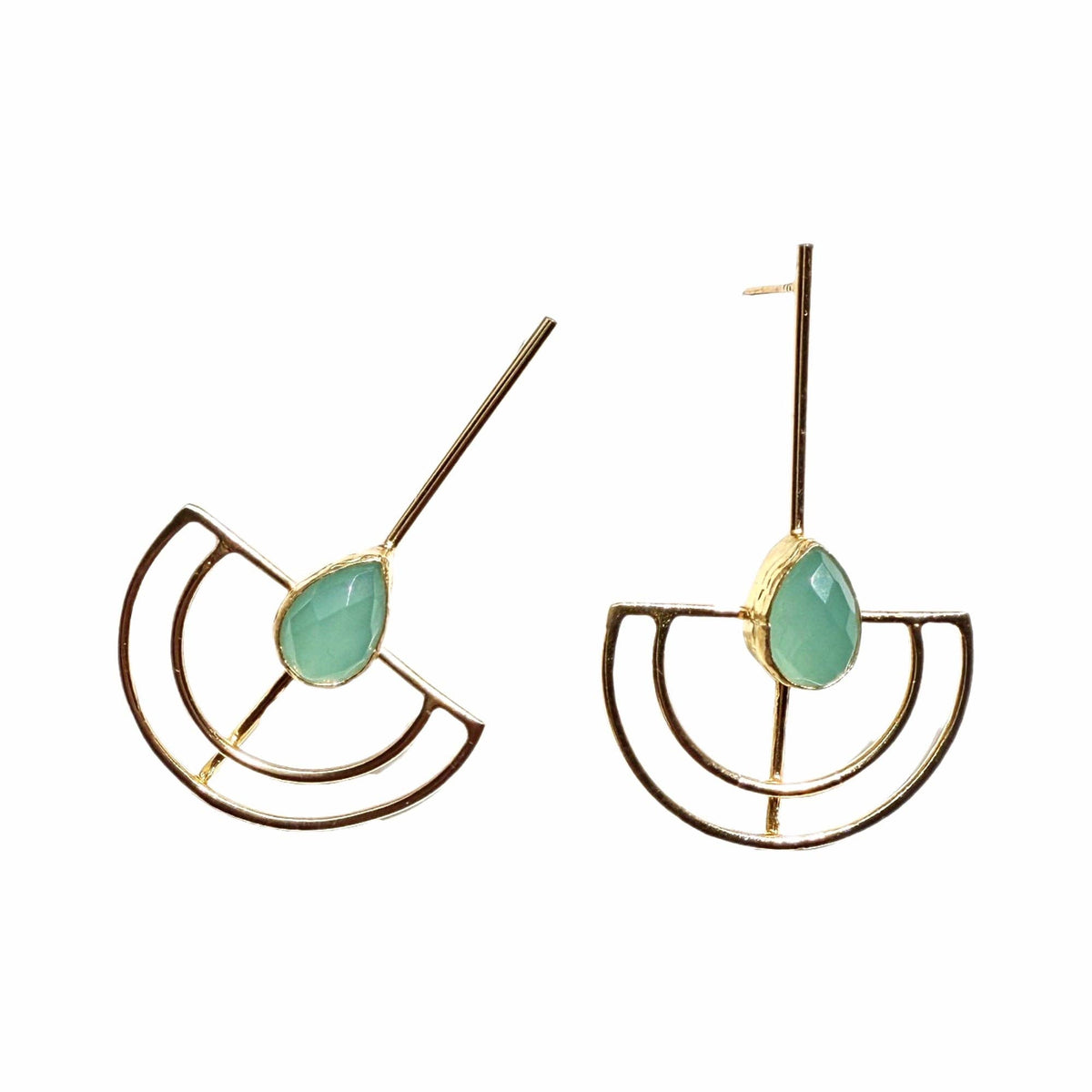 Karpuz Aqua Chalcedony Earrings with aqua stones and geometric gold tone drop design