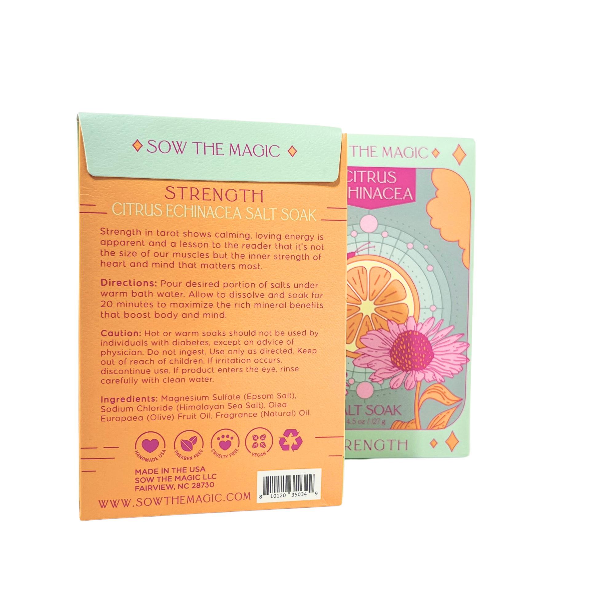 Strength Salt Soak in Citrus Echinacea packaging showing front and back with product details and branding text