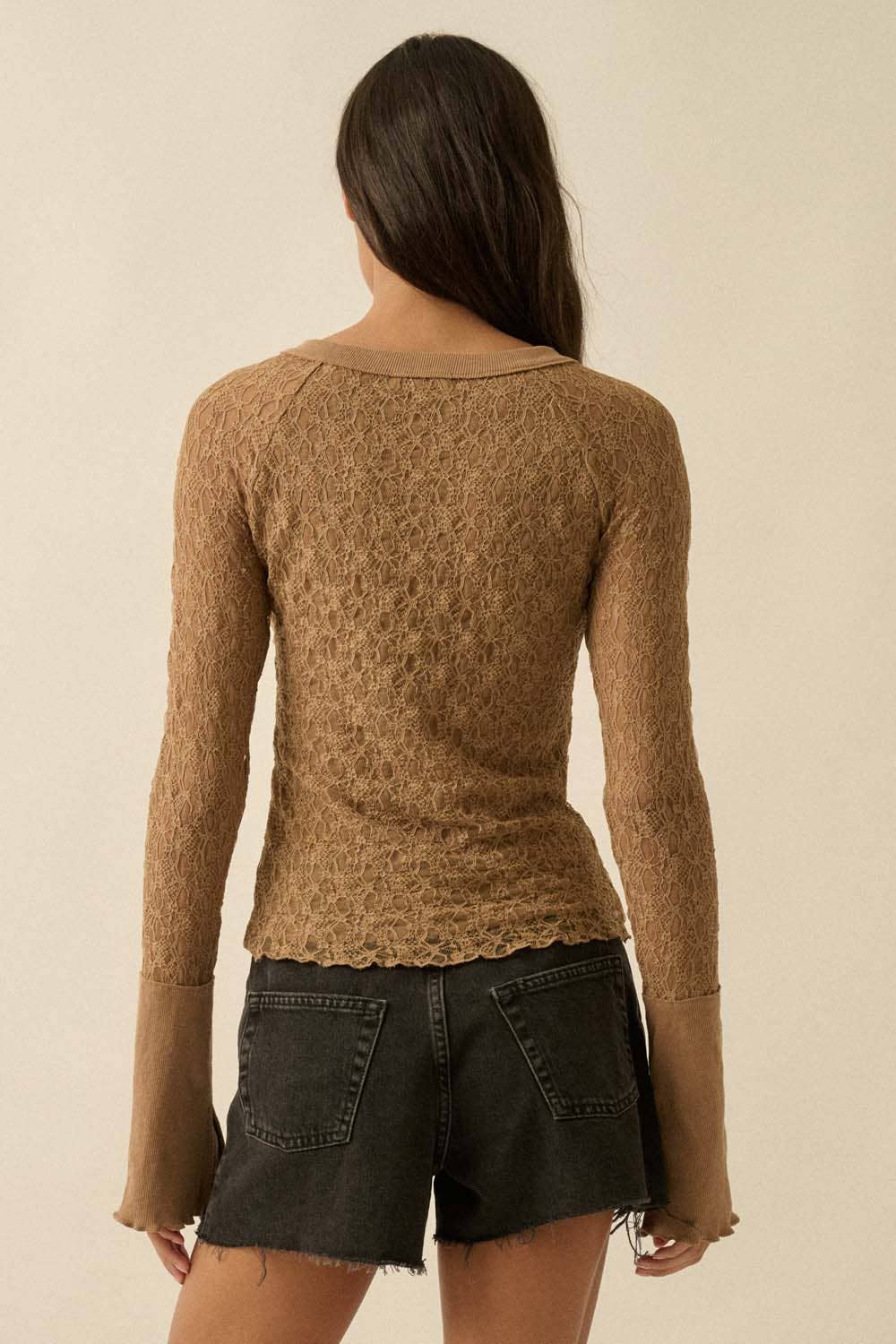 Floral Lace Raglan-Sleeve Henley Top