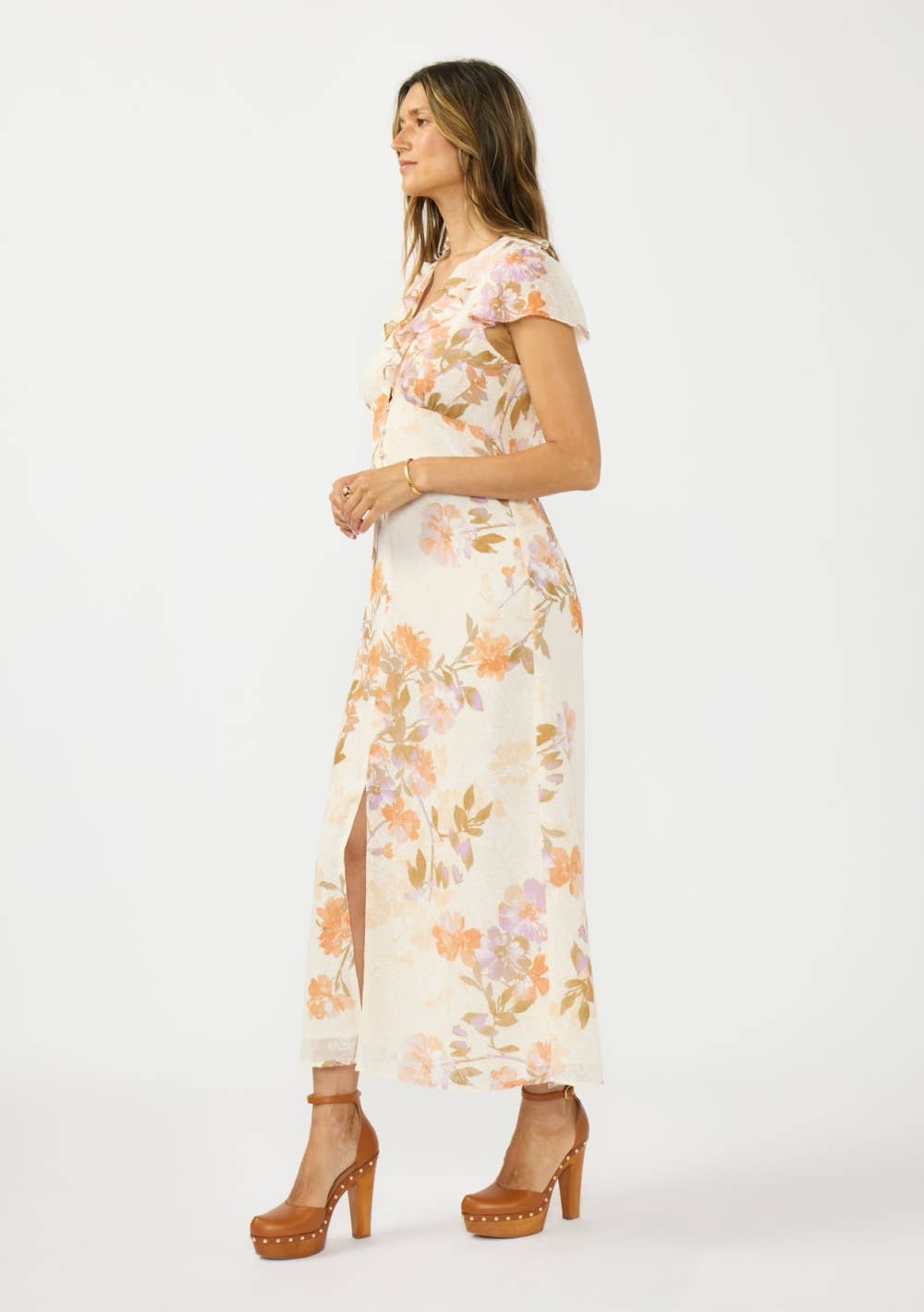Ruffle V-Neck Button Front Maxi Dress