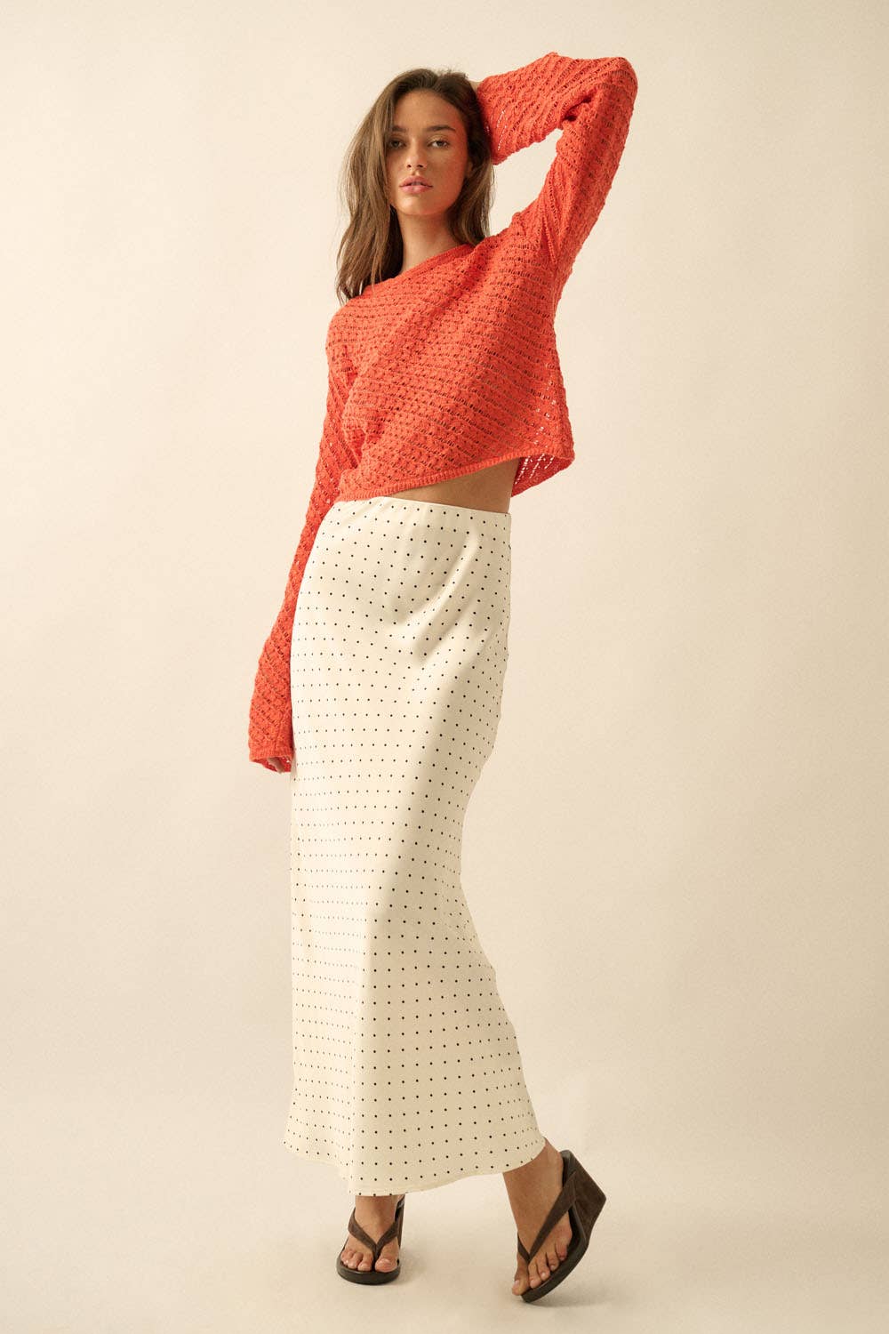 Solid Crochet-Knit Bell-Sleeve Cropped Sweater
