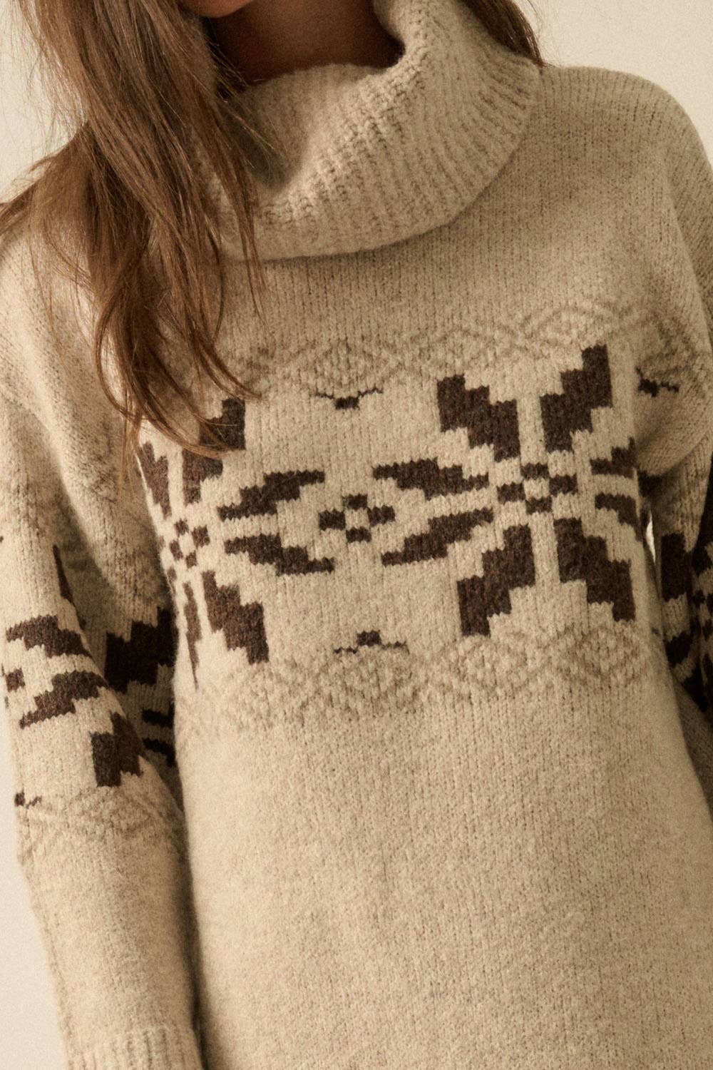 Alpine Snowflake Knit Cowl-Neck Midi Sweater Dress