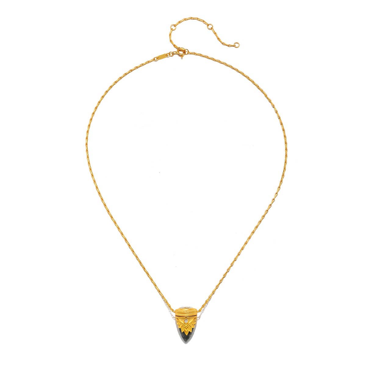 The Satya Jewelry Guiding Spirit Labradorite Feather Locket Necklace - 18" features a gold chain with an adjustable clasp and a gold and black geometric pendant, serving as a unique spiritual talisman.