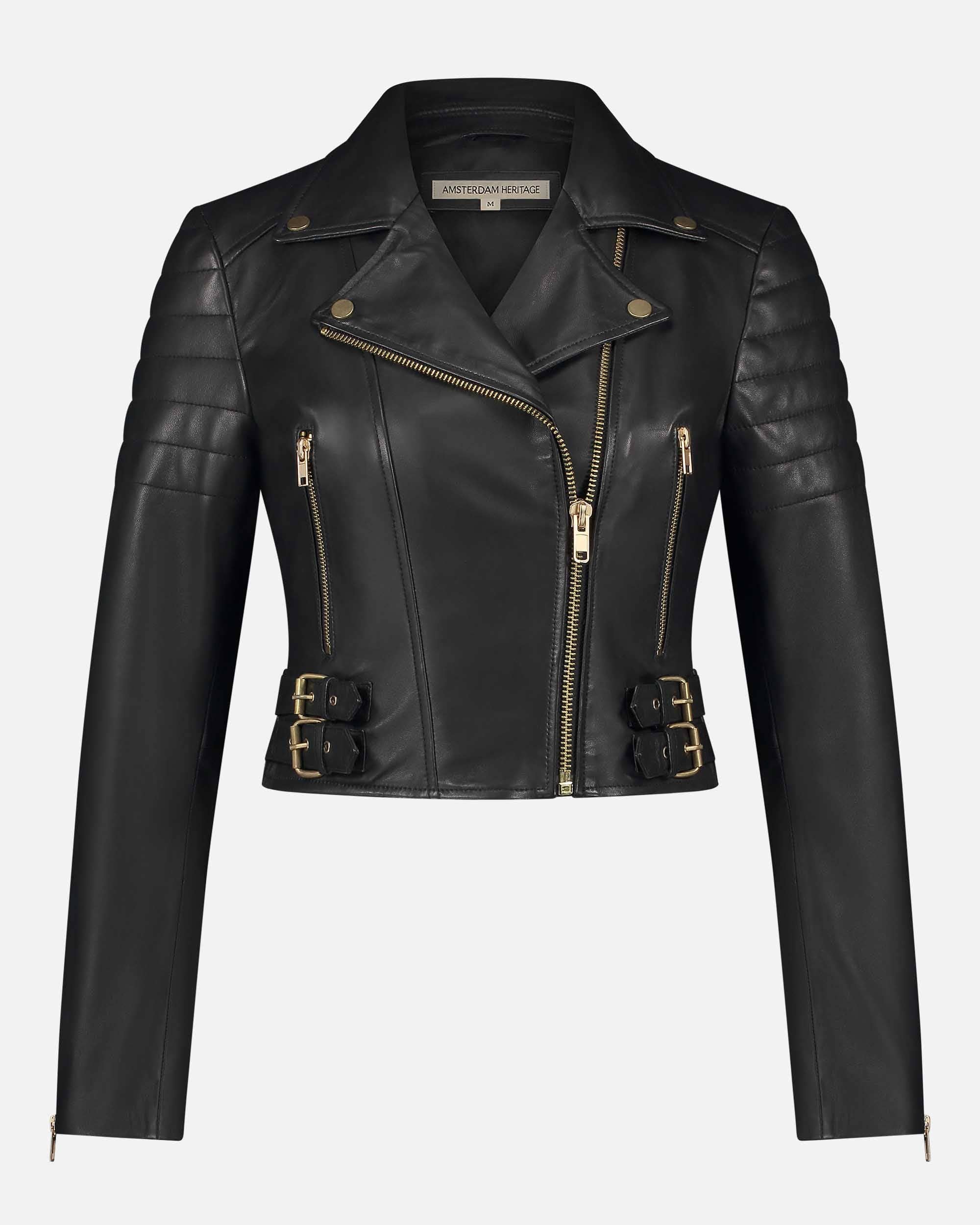 Black leather biker jacket with zippered pockets, buckle accents, and quilted shoulder details, Eureka | Leather Biker Jacket.