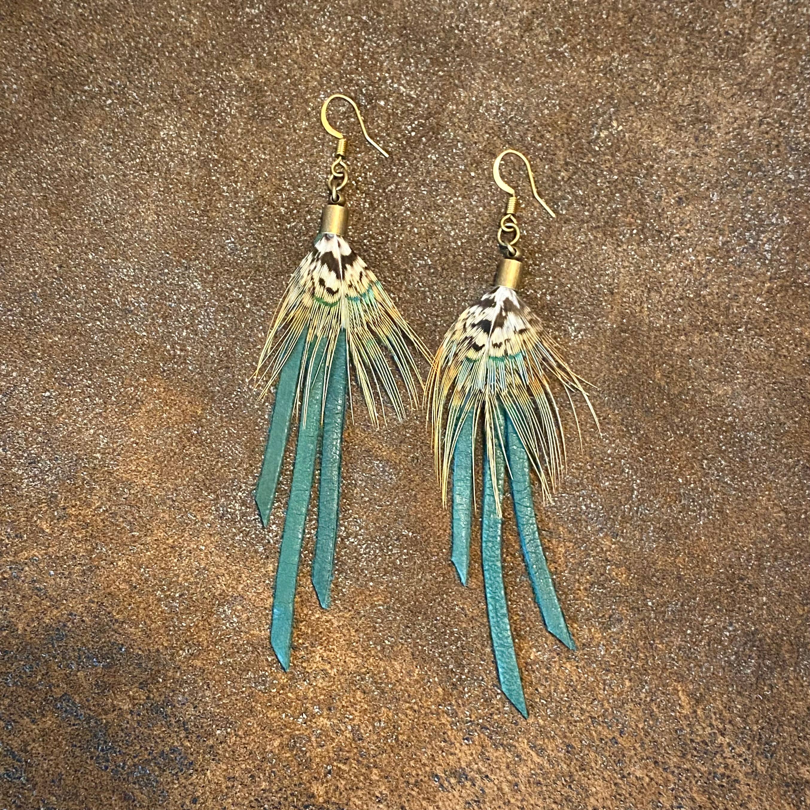 Feather Mini Earrings - Hunter Leather & Pheasant Feather