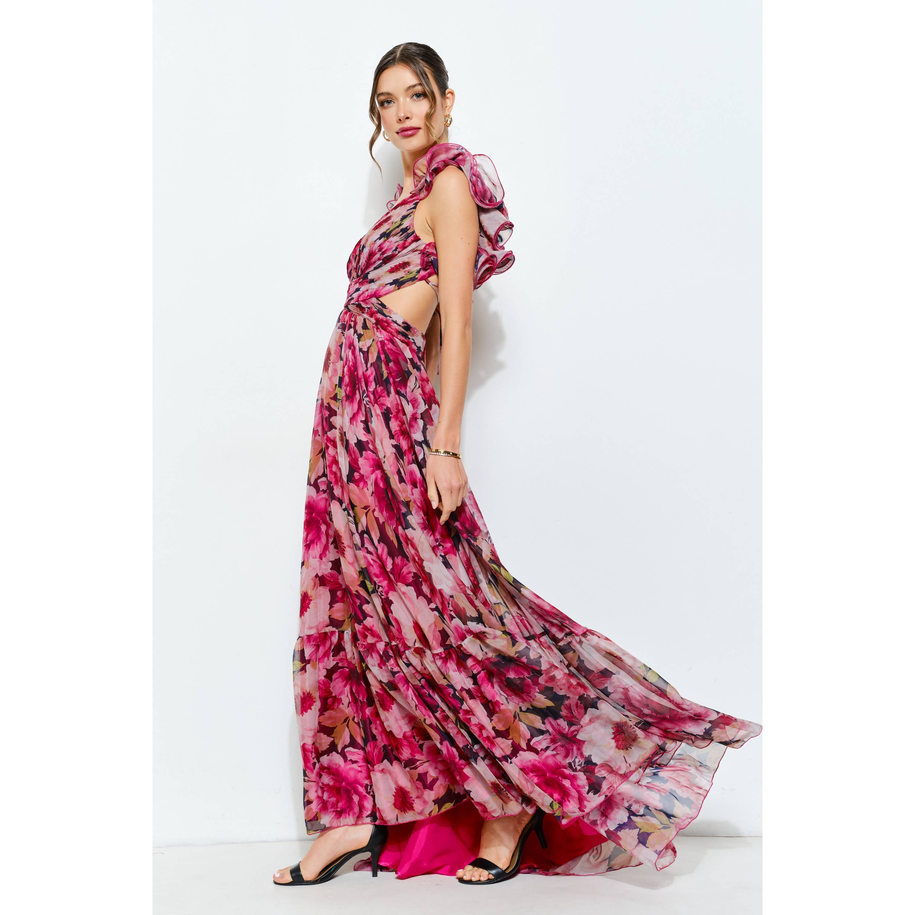 Ruffled Lace-Up Back Floral Maxi Dress